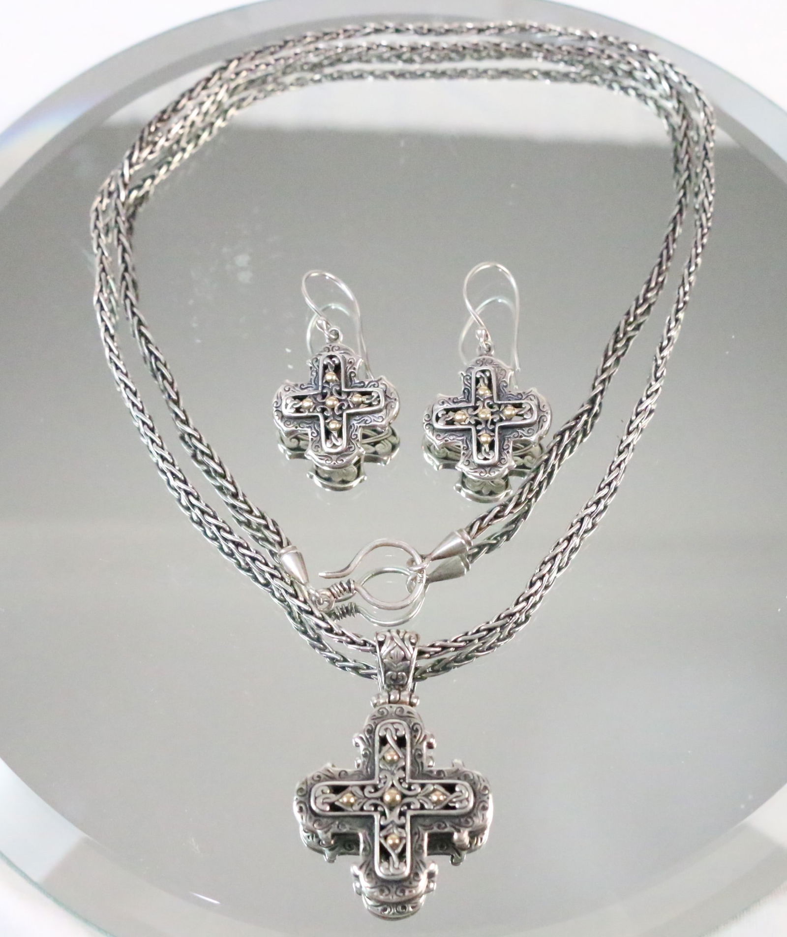 18kt Gold Sterling Silver Designer Greek Konstantino? Cross pendant Necklace & Earrings Matching Set (1 of 10)