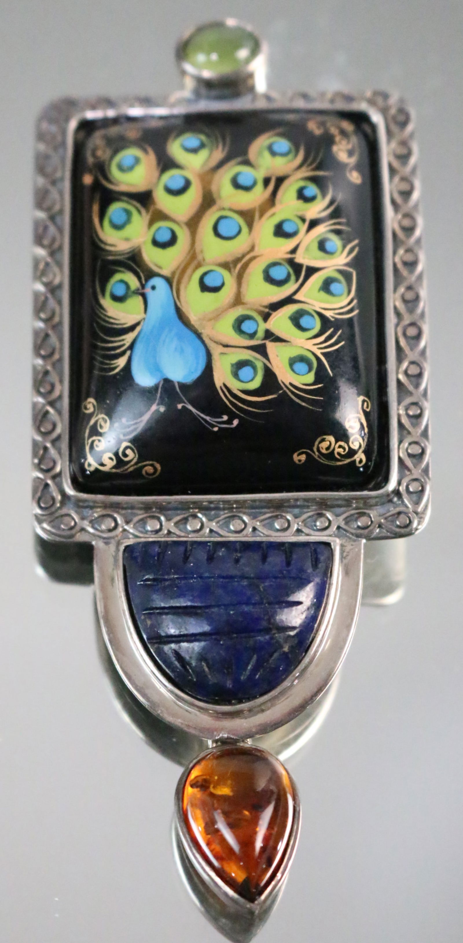 Sterling Silver AKR Amy Kahn Russell Onyx, Amber Peacock Brooch Pendant (1 of 5)