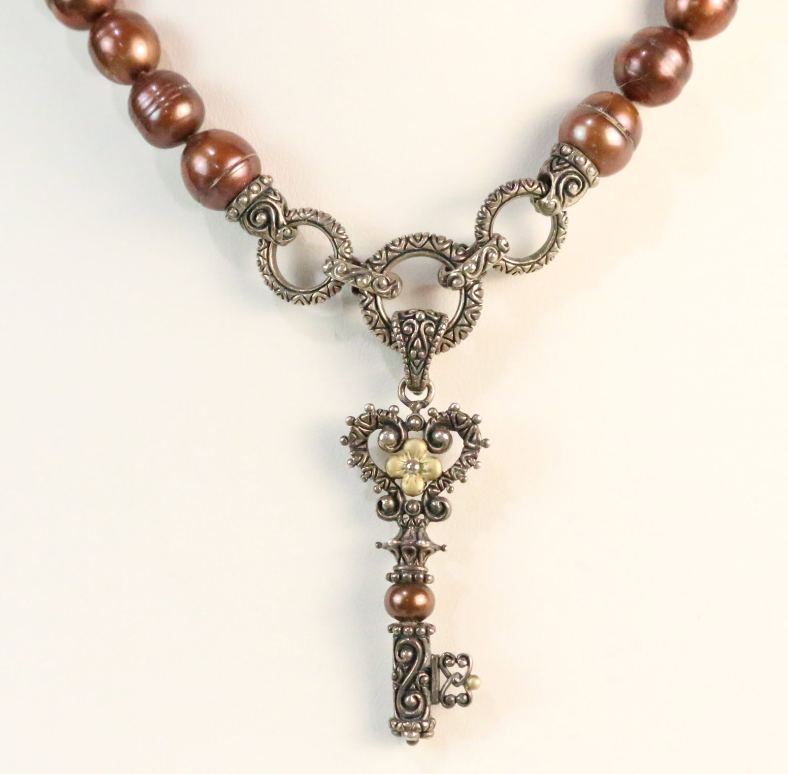 Barbara Bixby Sterling Silver 18kt Gold Pearl Heart Key Lotus Flower Pendant Enhancer Necklace (1 of 9)