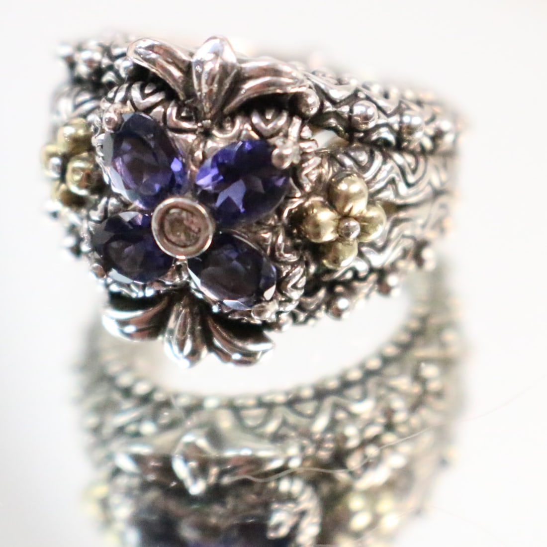 Barbara Bixby Sterling Silver 18kt Gold Amethyst Flower Lotus Ring (1 of 8)