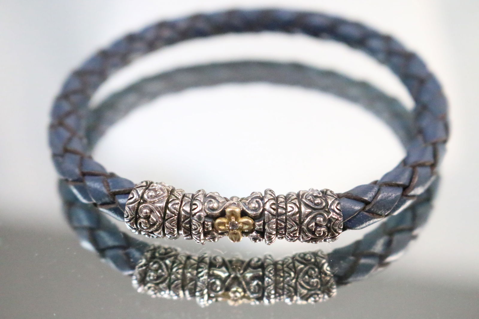 Barbara Bixby Sterling Silver 18kt Gold Lotus Flower Blue Leather Bracelet NEW (1 of 7)