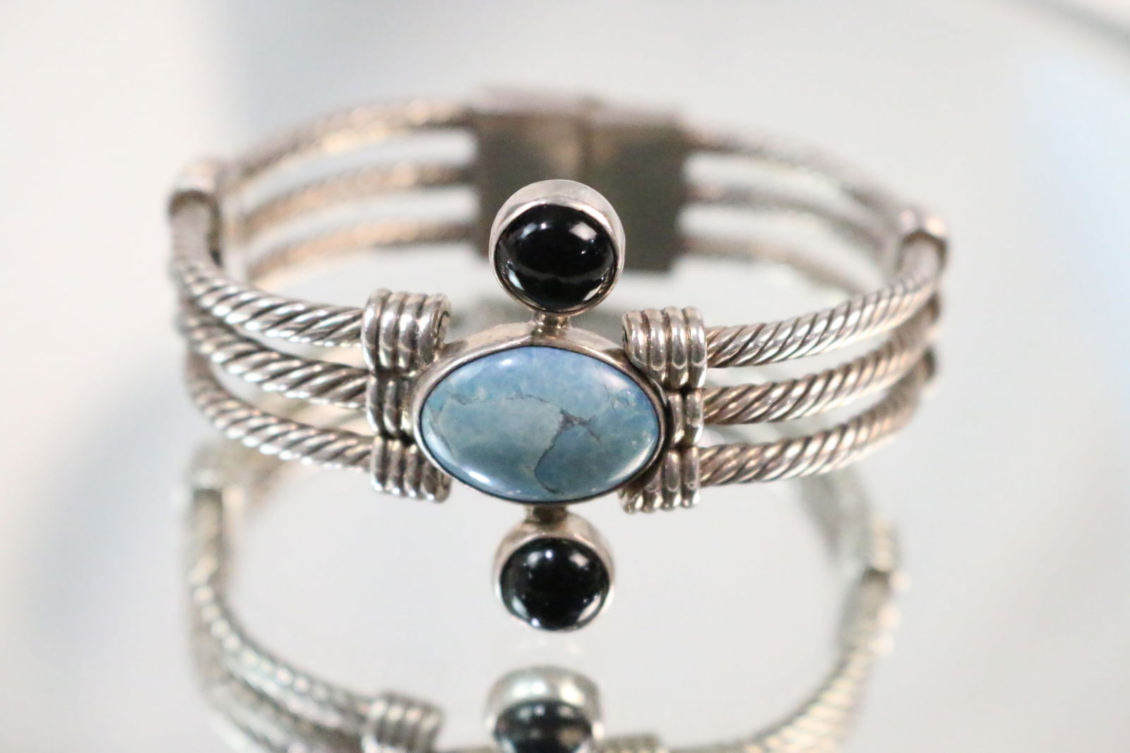 Sterling Silver Mexico Black Onyx turquoise Heavy Rope Bracelet (1 of 8)