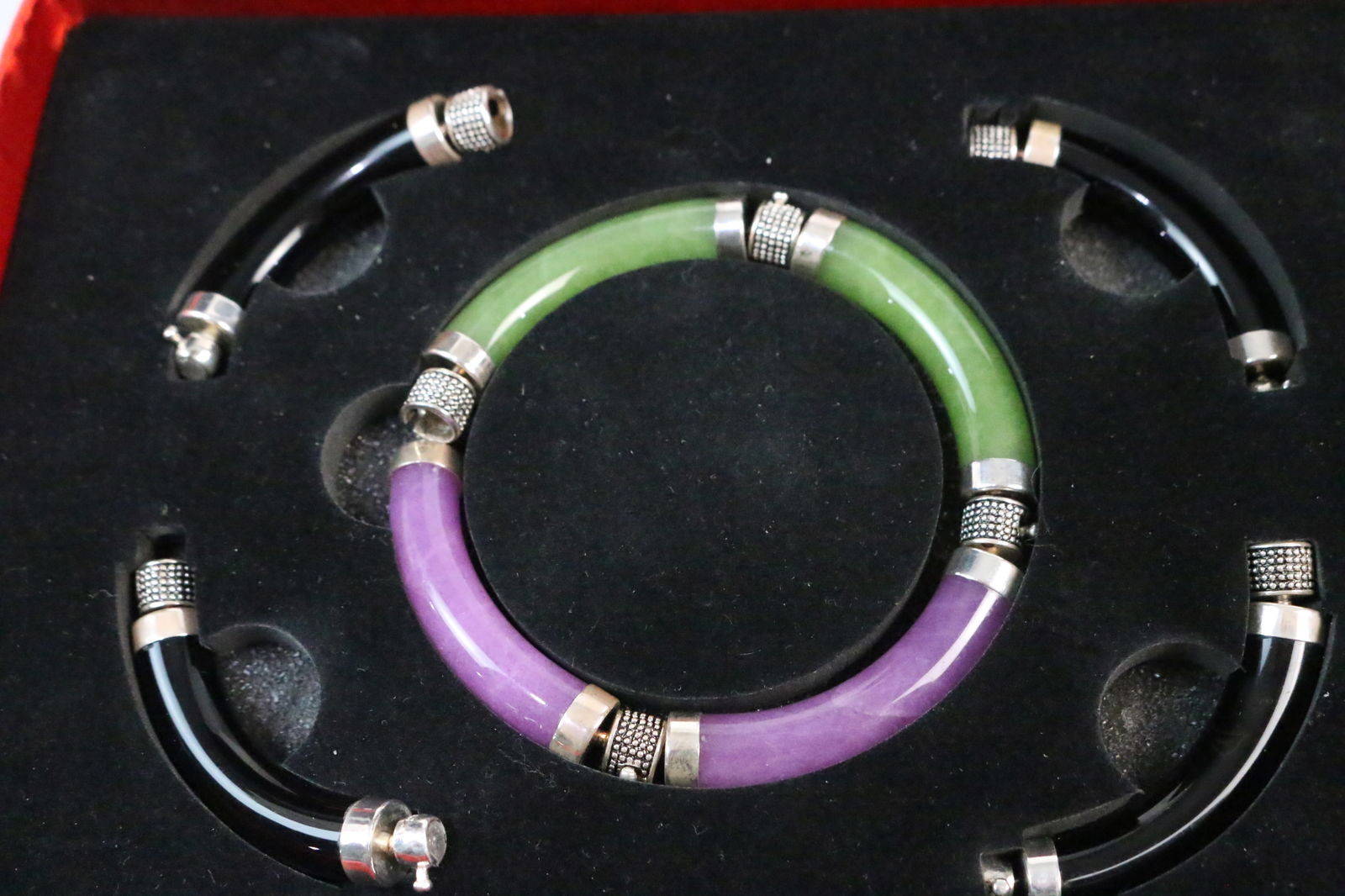 RARE Sterling Silver Black Green Lavender Jade Interchangeable 2 Bracelet Boxed Set (1 of 7)