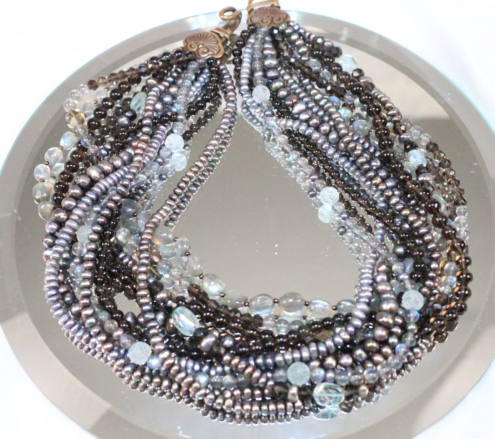 Designer Stephen Dweck  Signed 10 strand Bronze Blue Peacock Pearl Stone Necklace (1 of 11)