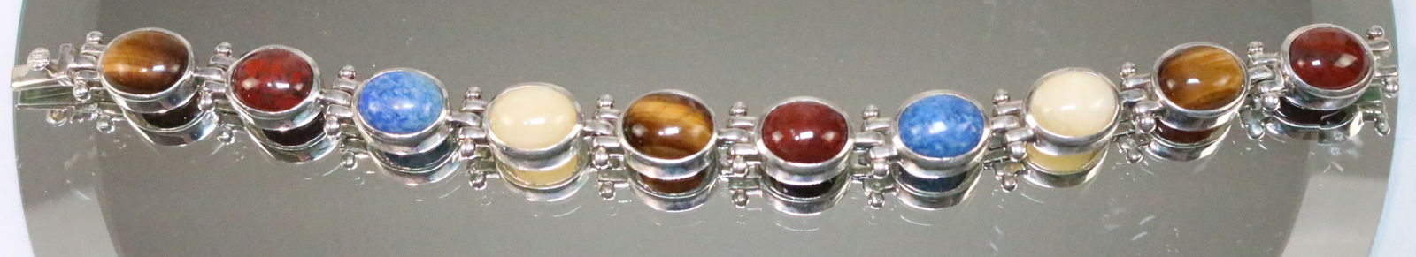 Sterling Silver Thailand Multi stone carnelian lapis tiger eye link bracelet. (1 of 8)