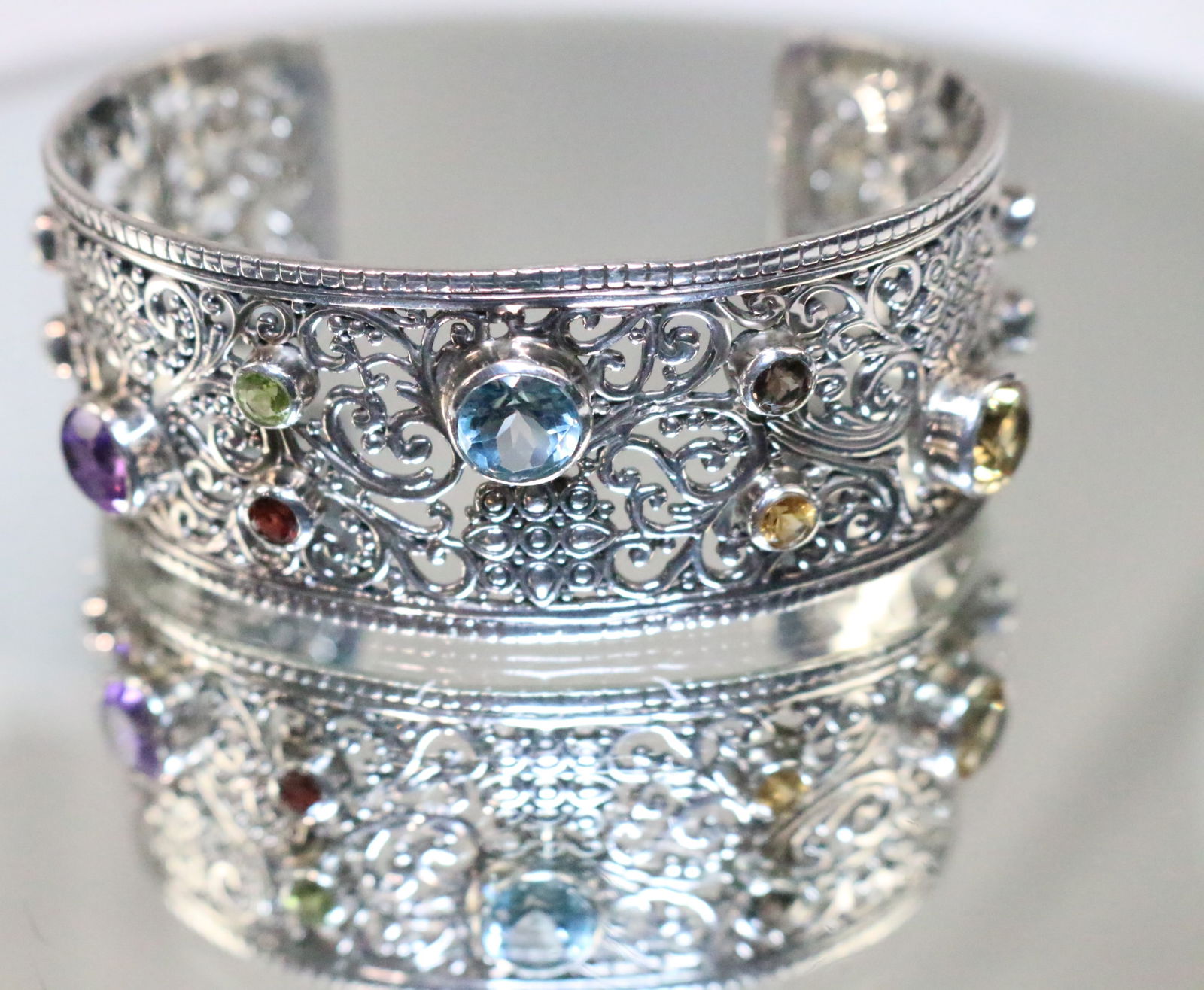 BJC Samuel Benham 18kt Sterling Silver Multi gemstone Filigree Wide cuff bracelet (1 of 11)