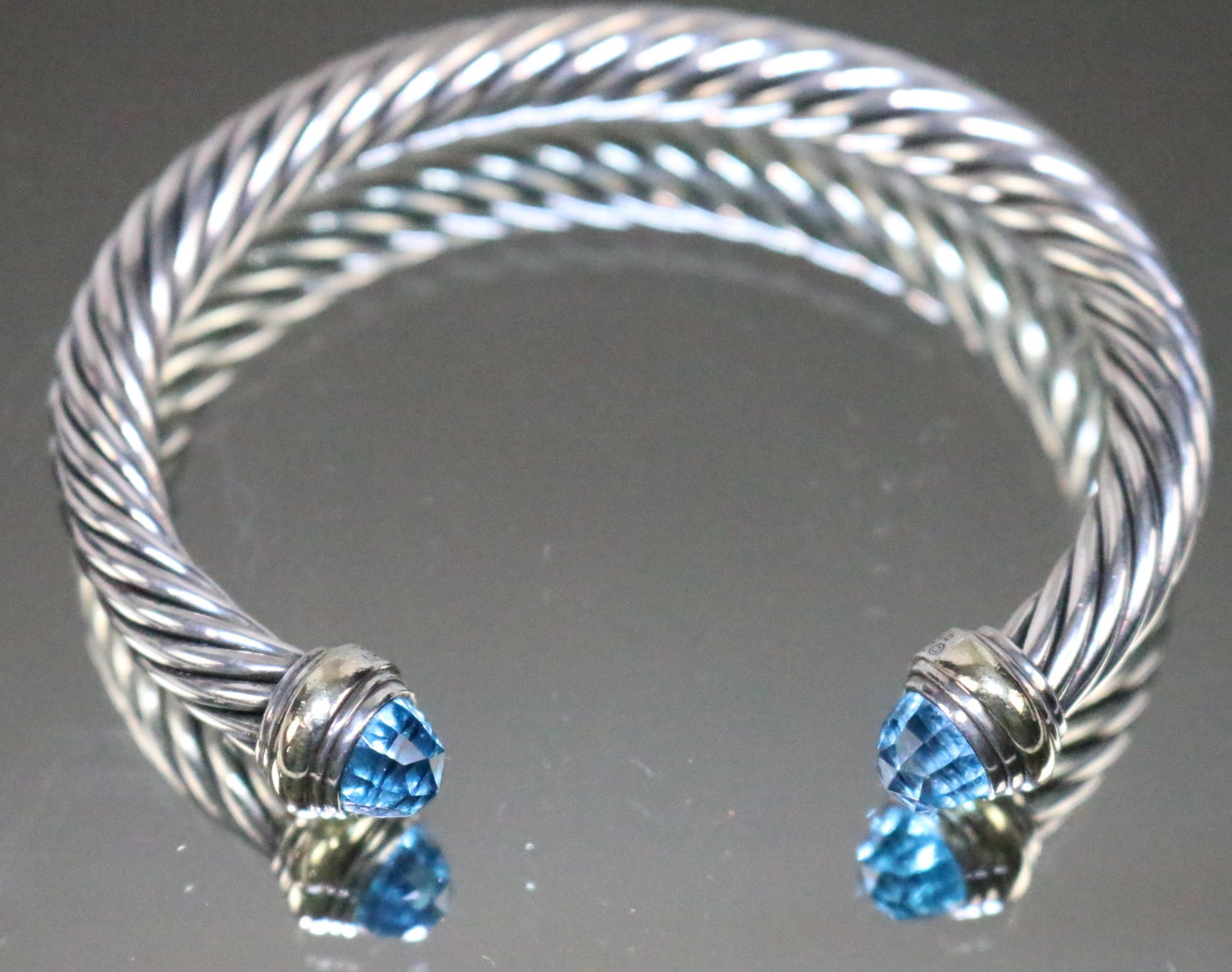 Authentic ESTATE David Yurman Cable Classics 7mm 14kt Sterling Silver blue Topaz Cuff Bracelet (1 of 8)