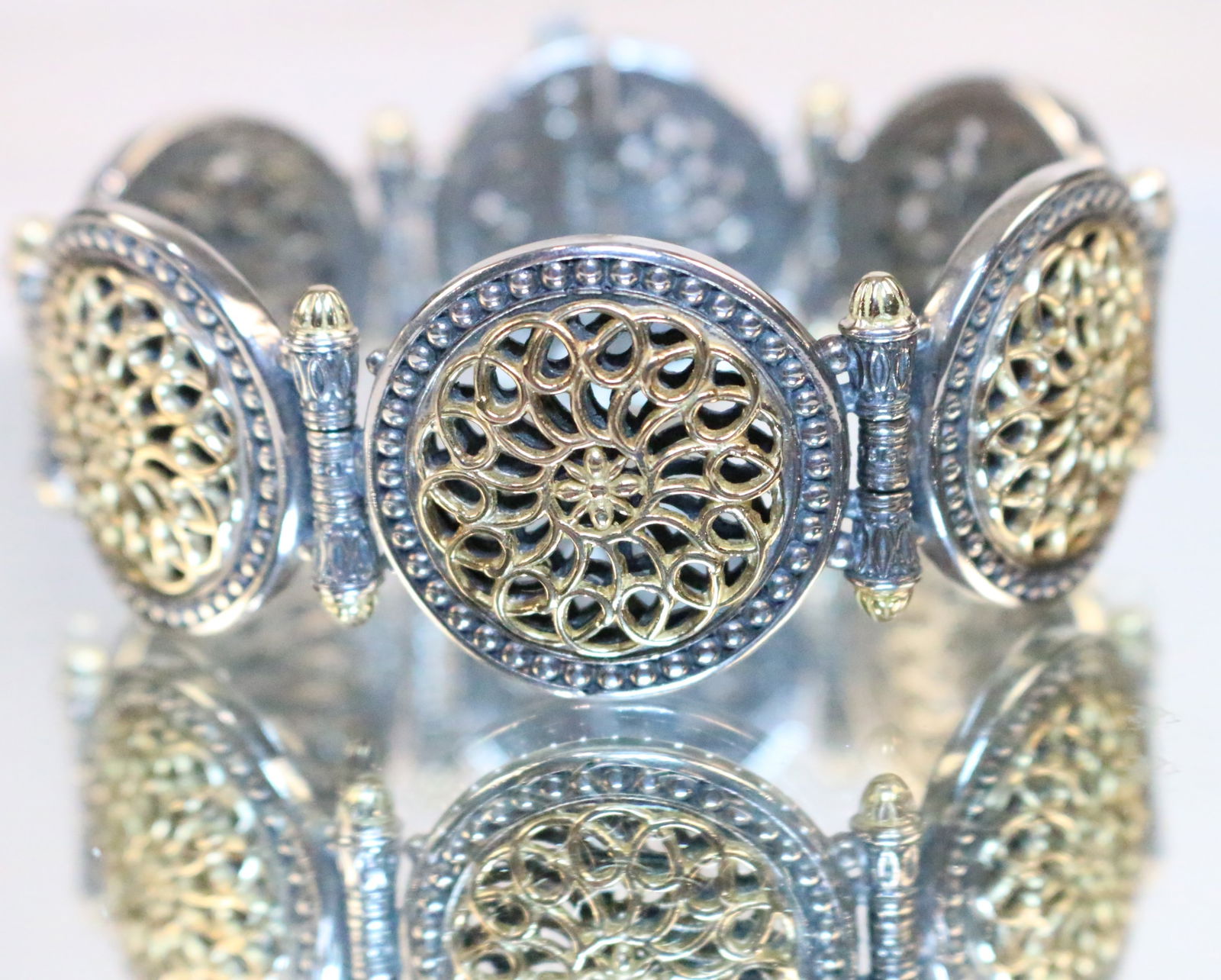 Authentic KONSTANTINO 18kt Gold Sterling Silver RARE Filligree Round Large Link Bracelet (1 of 11)