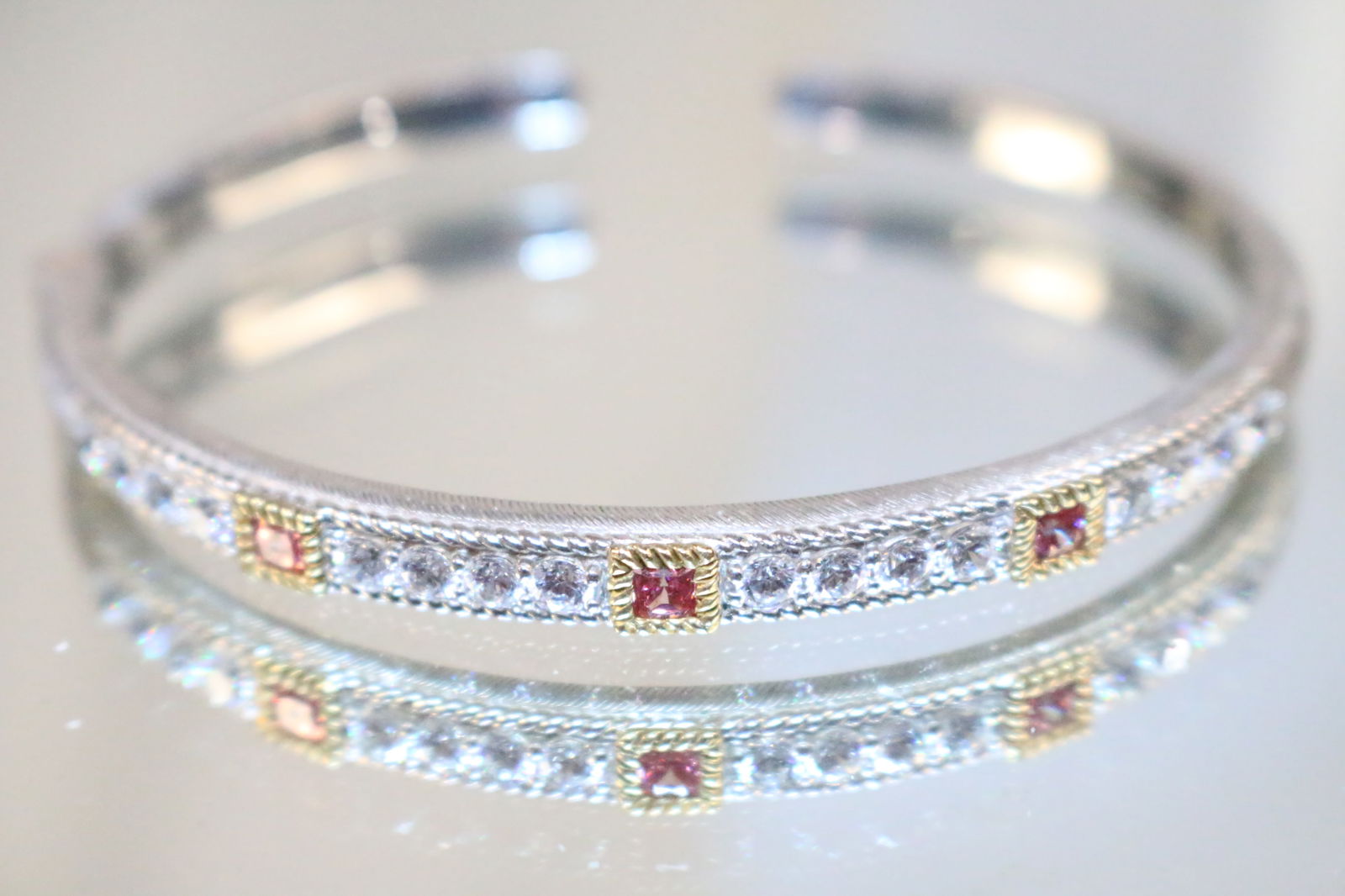 Judith Ripka Sterling Silver 2 Tone Pink CZ Tennis Cuff Bracelet (1 of 5)