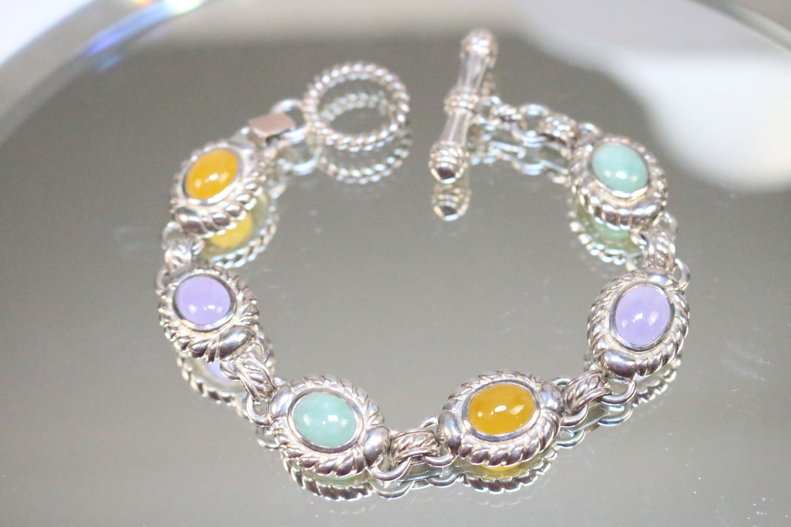 Vintage Judith Ripka Sterling Silver Multi color Jade Toggle Bracelet (1 of 4)