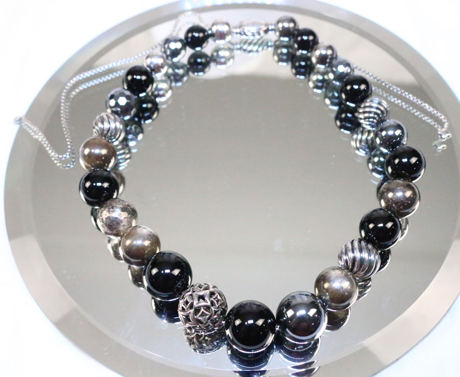 Authentic ESTATE David Yurman Elements Sterling Silver Black Onyx Hematite Beaded Adjustable Necklac (1 of 10)