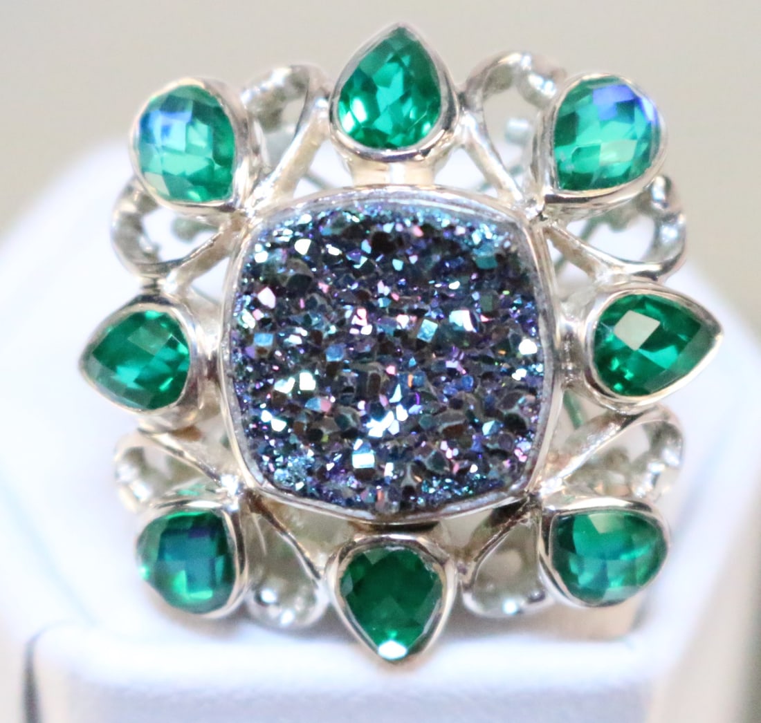 Sajen Sterling Silver blue druzy & green tanzanite Large Statement Ring (1 of 5)