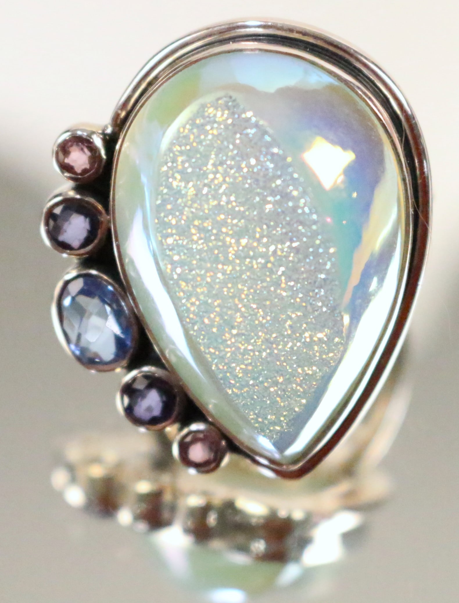 AKR Amy Khan Russell Sterling Silver Huge Blue Green Rainbow Mother of Pearl Druzy Ring (1 of 4)