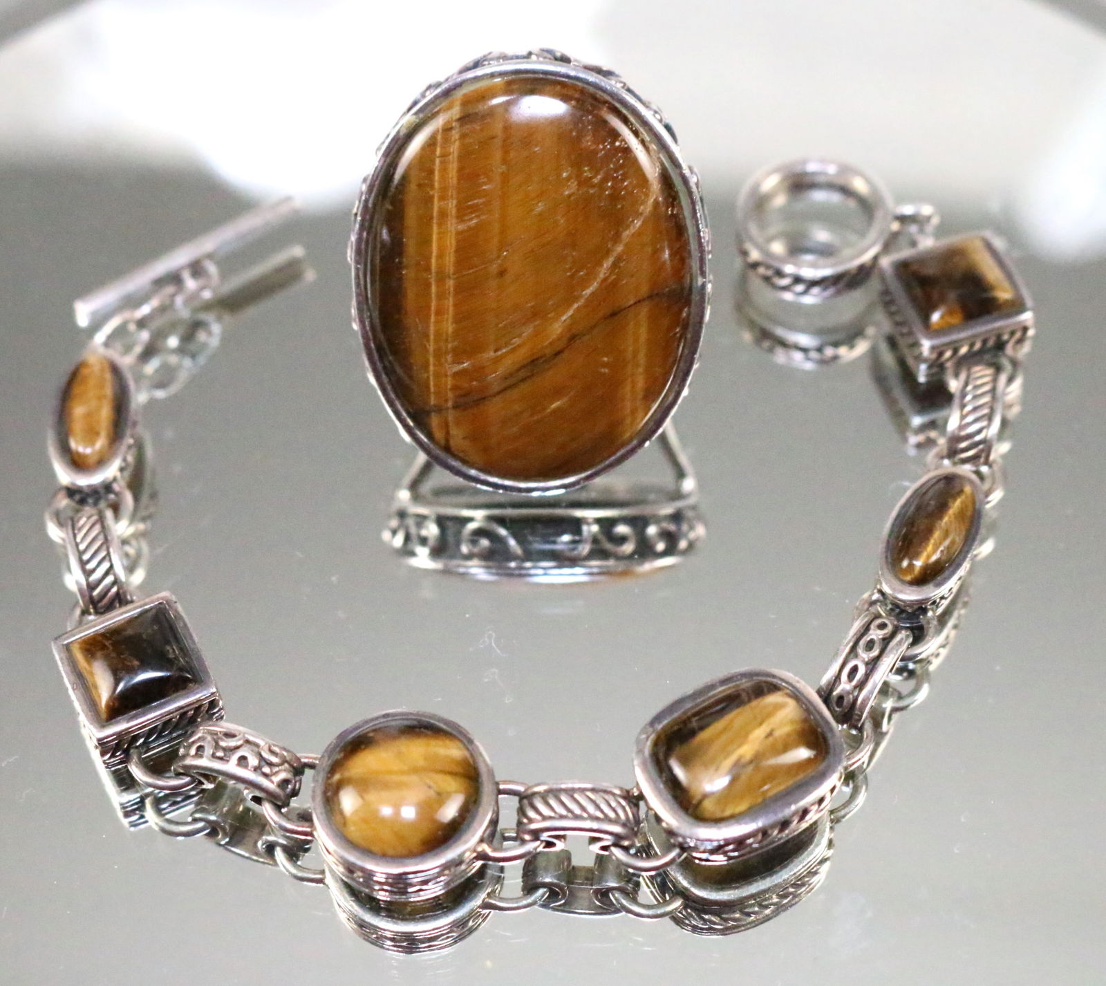 Barse Sterling Silver Tiger Eye Bracelet & Huge Statement Ring Set (1 of 11)