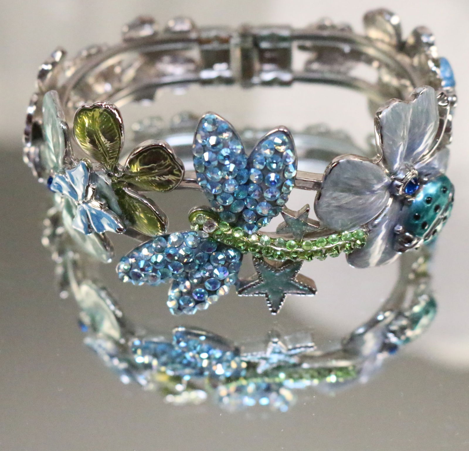 Kirks Folly Silver tone Blues and Greens Floral Dragonfly cuff Bracelet (1 of 8)