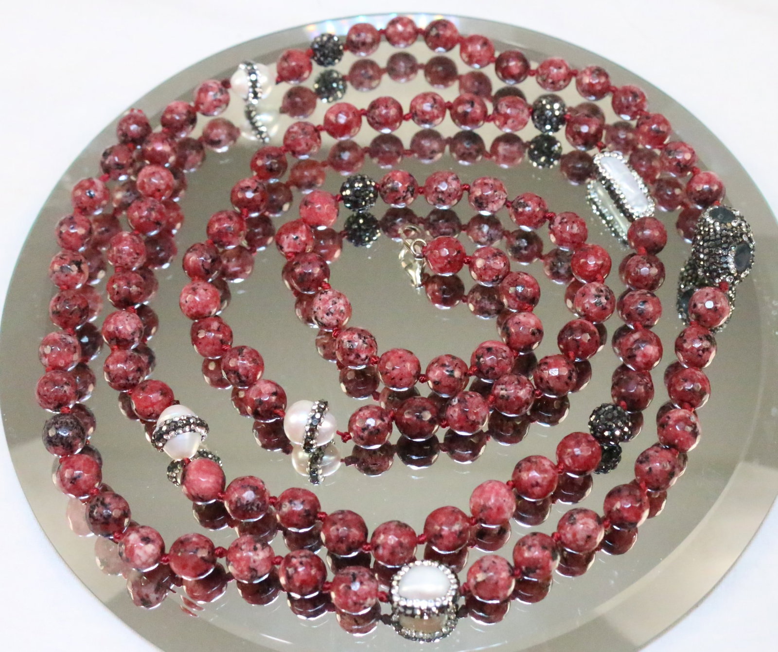 Vintage 55" long Opera Length Bloodstone Marcasite Freshwater Pearl Necklace: STAMPED: 925 on lobster clasp. DETAILS: Magnificent RARE Opera Length hand knotted beaded necklace can be worn doubled, tripled or even as a belt, Faceted Red Black White Bloodstone beads with biwa, o