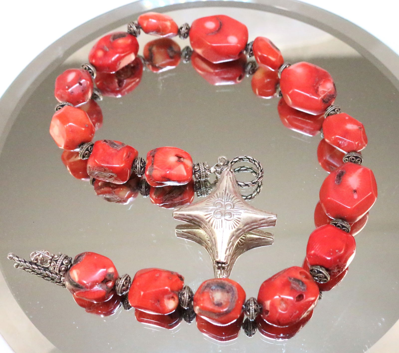 Vintage Silver Cross Pendant and Large Natural Red Coral Necklace (1 of 7)