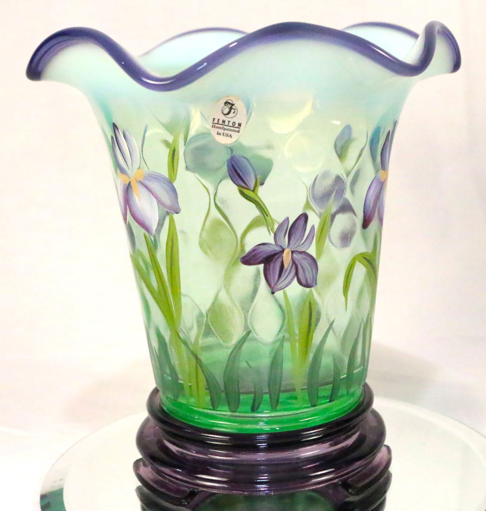 Fenton Art Glass Flip Vase Purple Iris Green Plum Crest Designer Showcase 2 pc Bill Fenton Signed (1 of 10)