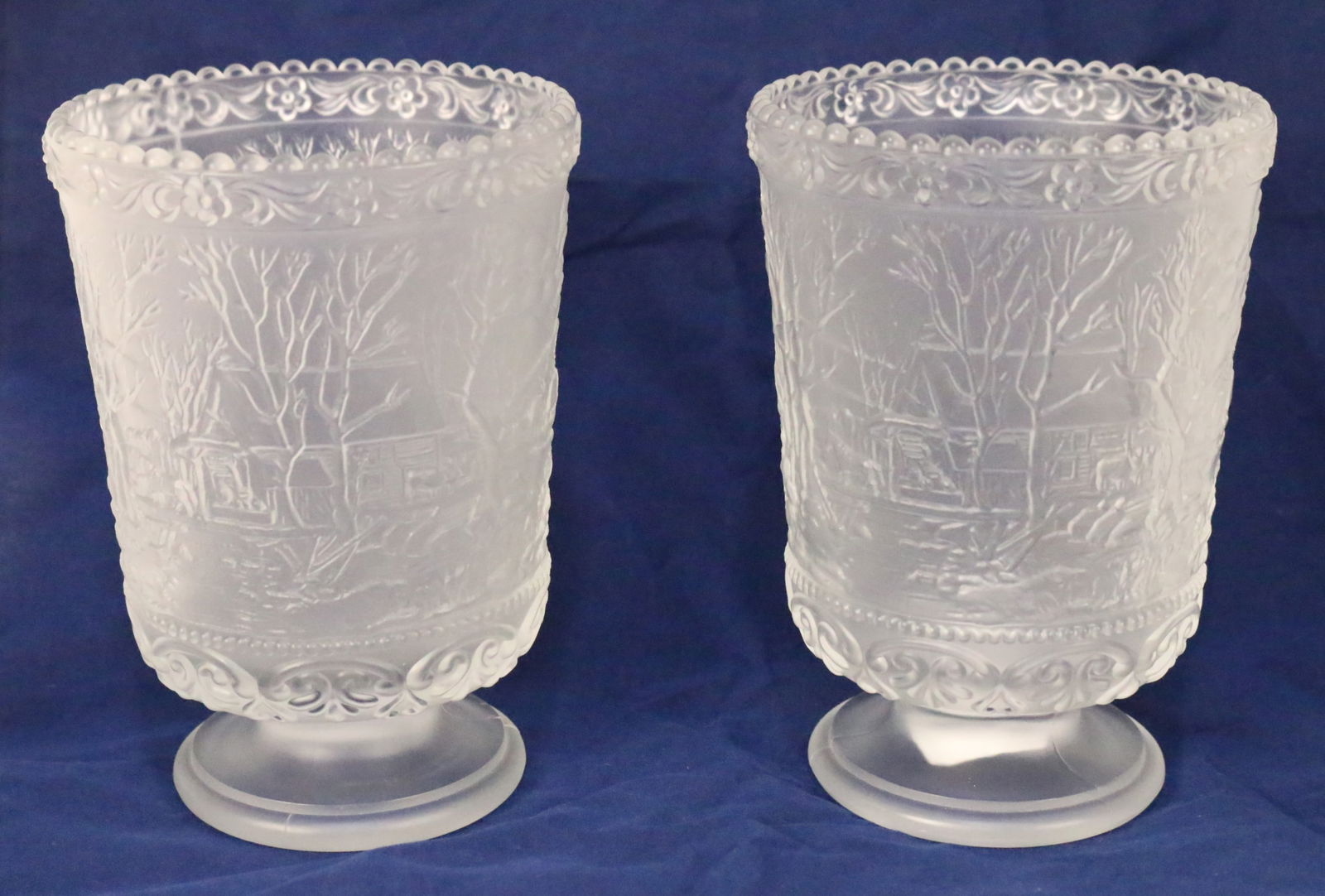 Fenton Art Glass Pair of Embossed Currier & Ives Country Farm House Scene Vases Candle Holders (1 of 6)