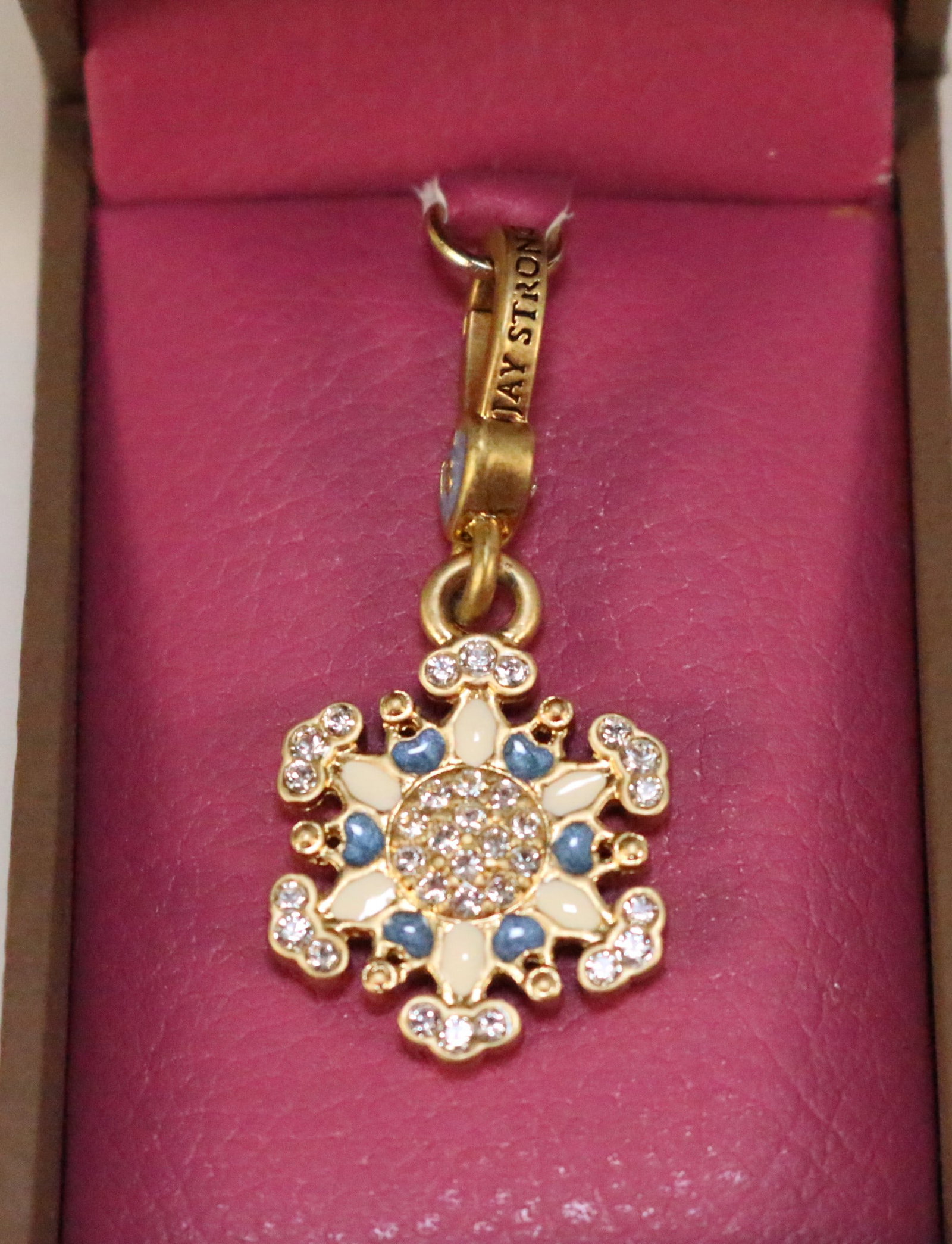 NEW Jay Strongwater Winter Snowflake Charm in the box: SIGNED: Jay Strongwater JS DETAILS: Great gift idea. Charm for necklace, bracelet, ,zipper pull, handbag. In original box with paperwork. SIZE/DIMENSIONS: Measures: 1-7/8" long. Blue and white crystal