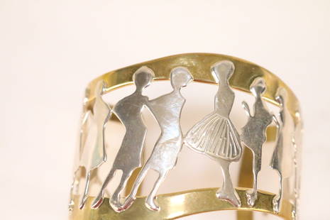 RLM Andy Warhol Women Dancing Sterling Silver Brass Signed cuff bracelet: SIGNED: "If you can convince yourself you look fabulous, you can save yourself the trouble of primping" A.W. Andy Warhol foundation. RLM. Description: 12 Sterling silver women dancing. Brass over ster