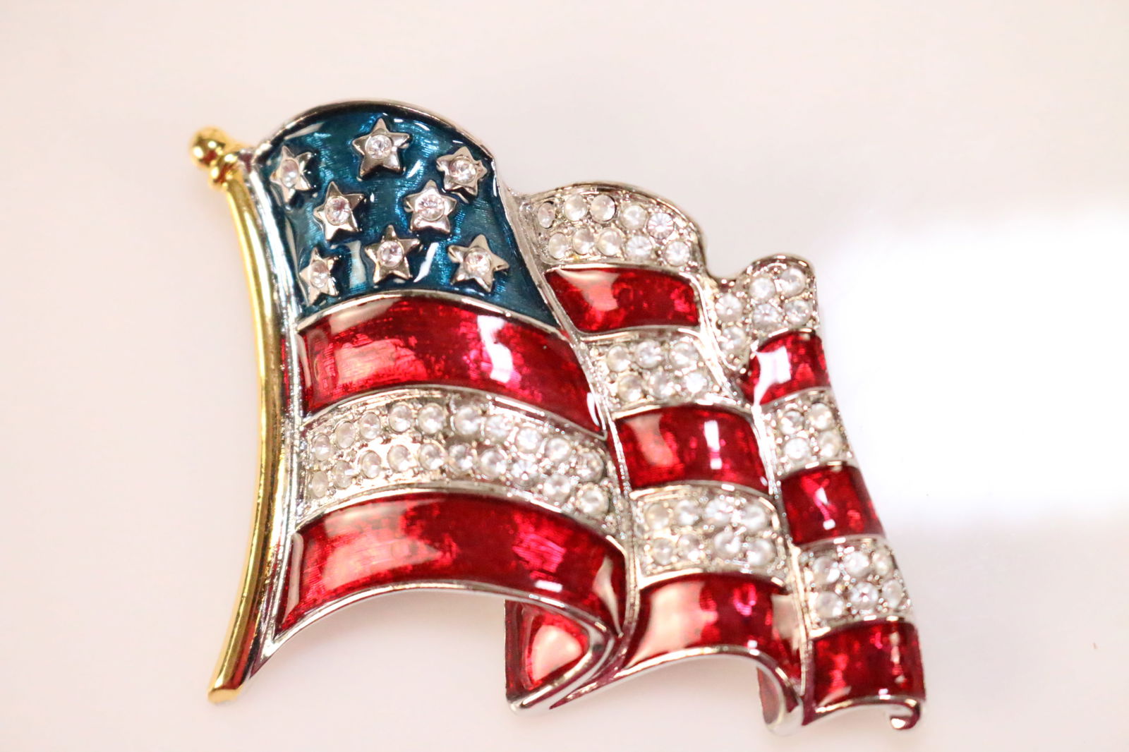 Ann Hand Silver and Goldstone Enamel Crystal Large Flag Brooch Pin (1 of 4)