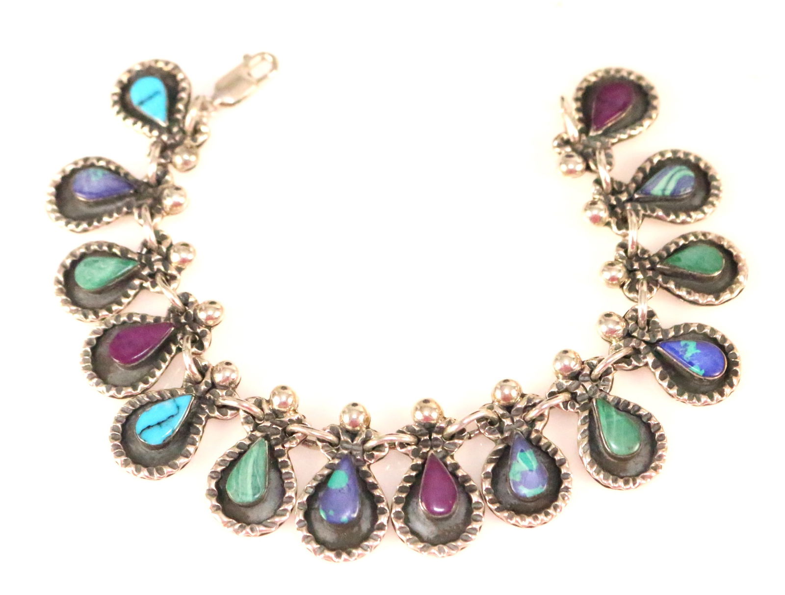 RARE Vintage Sterling Silver Angels Teardrop Turquoise, azurite malachite stone charm bracelet (1 of 8)