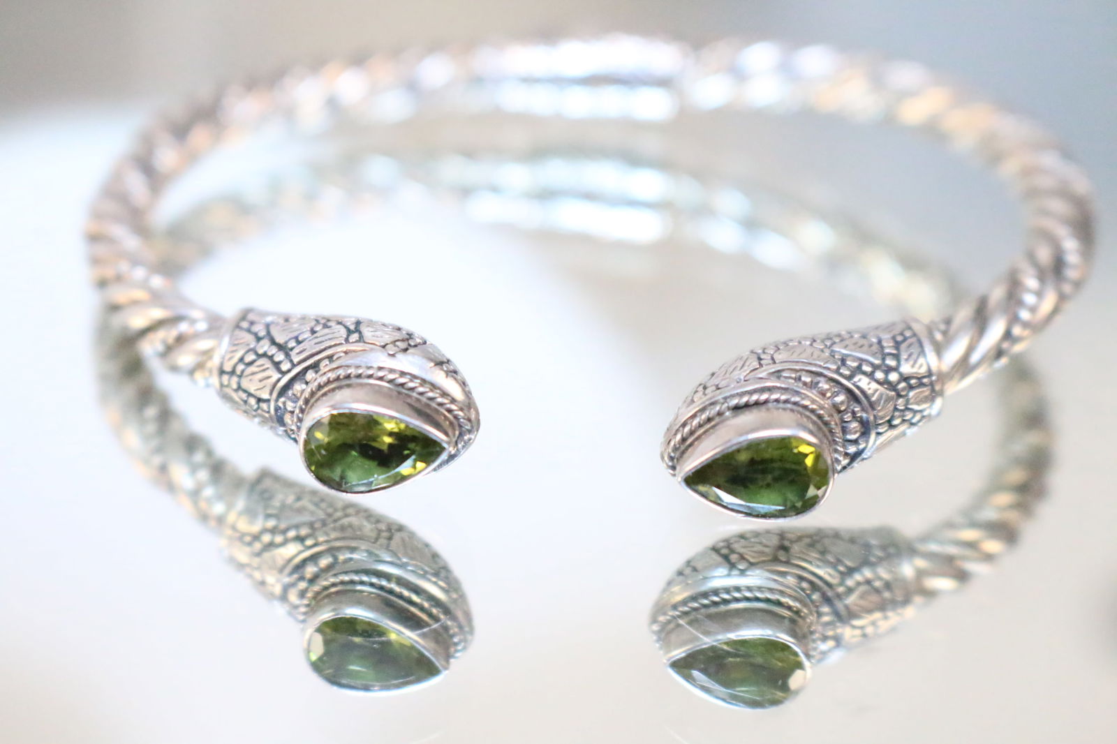 Sterling silver Rope Embossed Chrysoprase Cuff Bracelet Bali Style (1 of 10)