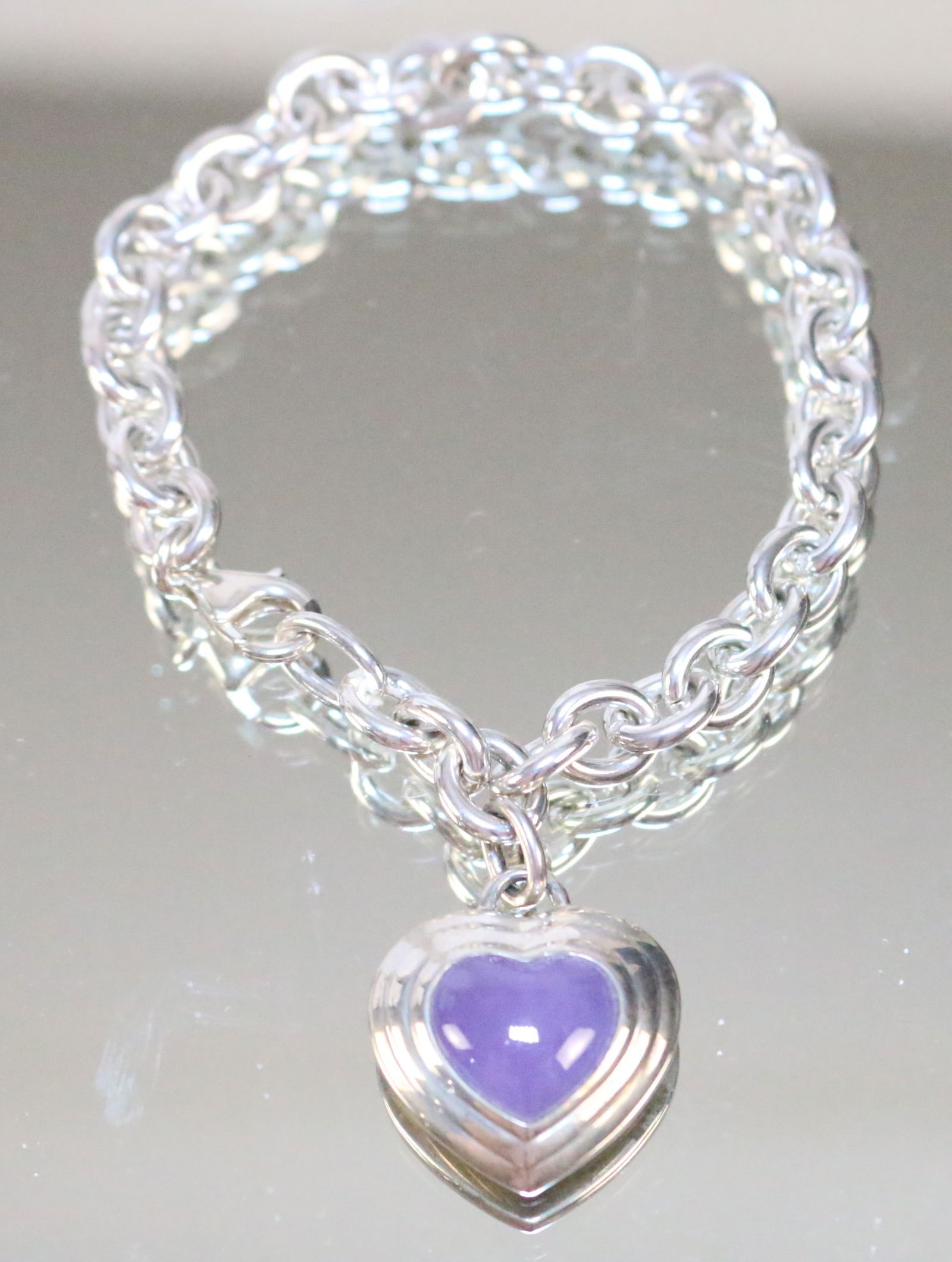 Sterling Silver Cna Thailand Purple Jade Heart Charm Bracelet