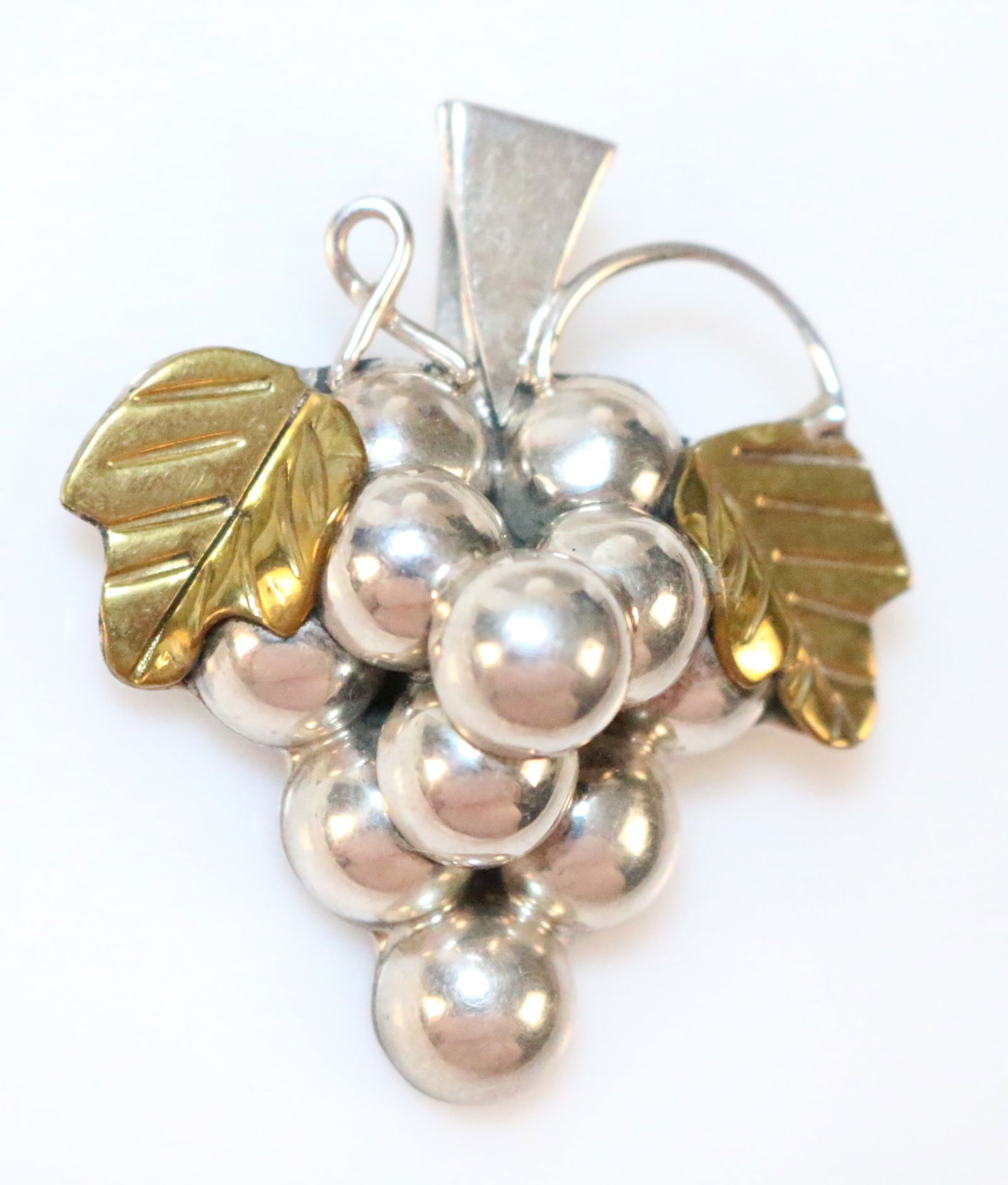 TAXCO Mexico Sterling Silver Brass large Grape Leaves Cluster Brooch Pendant (1 of 3)