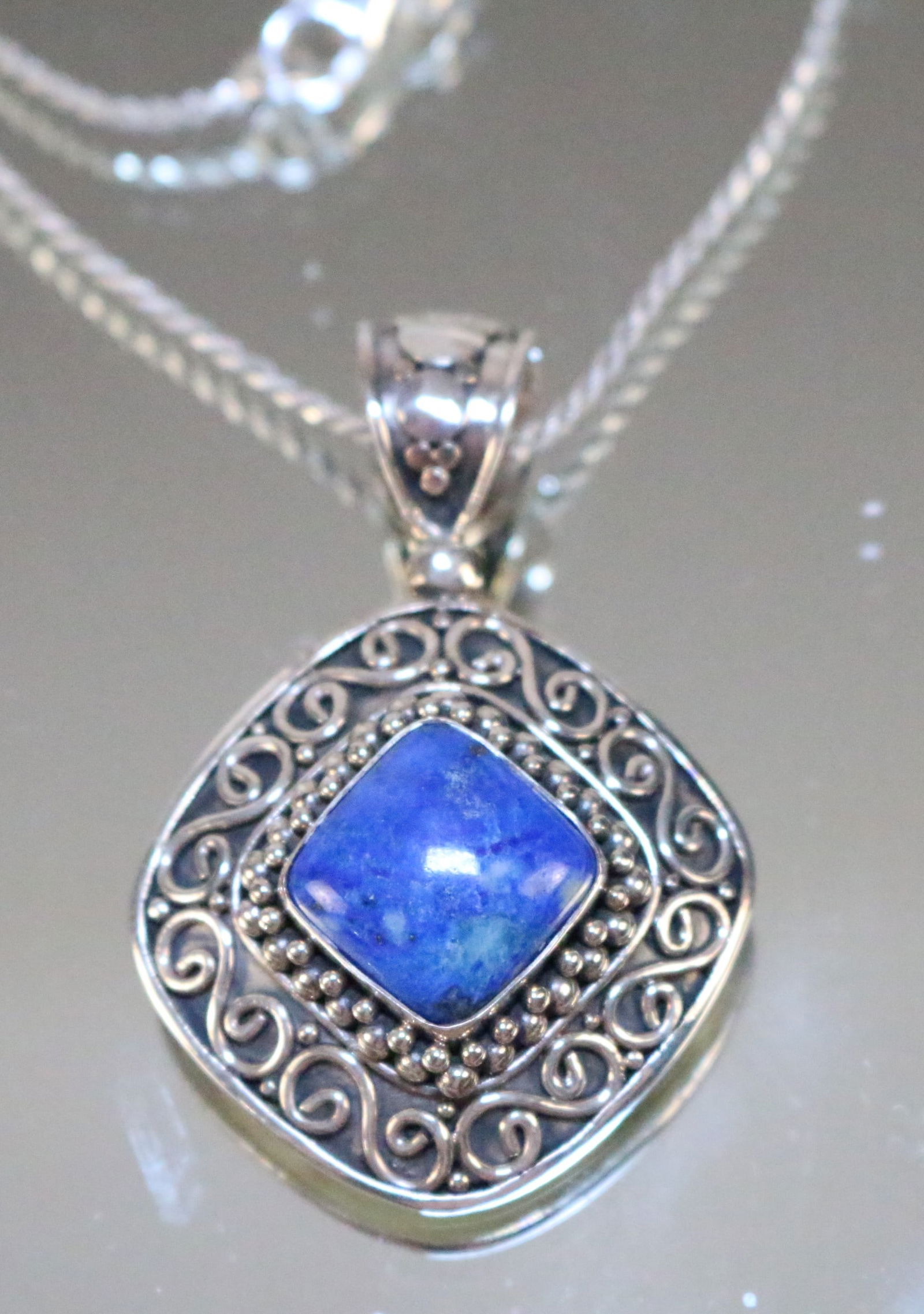 Suarti Bali BA Large Sterling Silver Lapis Pendant Necklace - chain 950 Italy. (1 of 6)