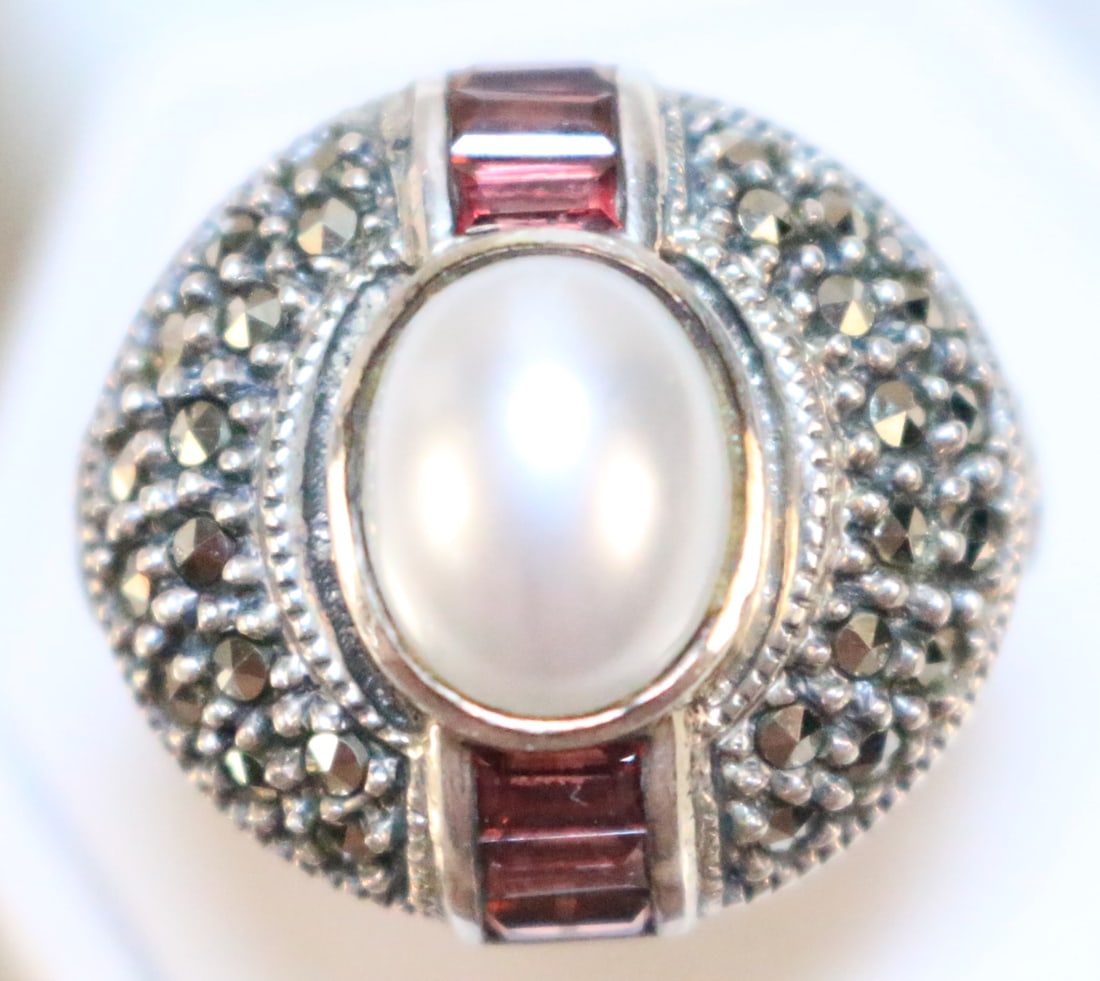 Judith Jack Sterling Silver Marcasite Pearl Pink Tourmaline Ring (1 of 7)