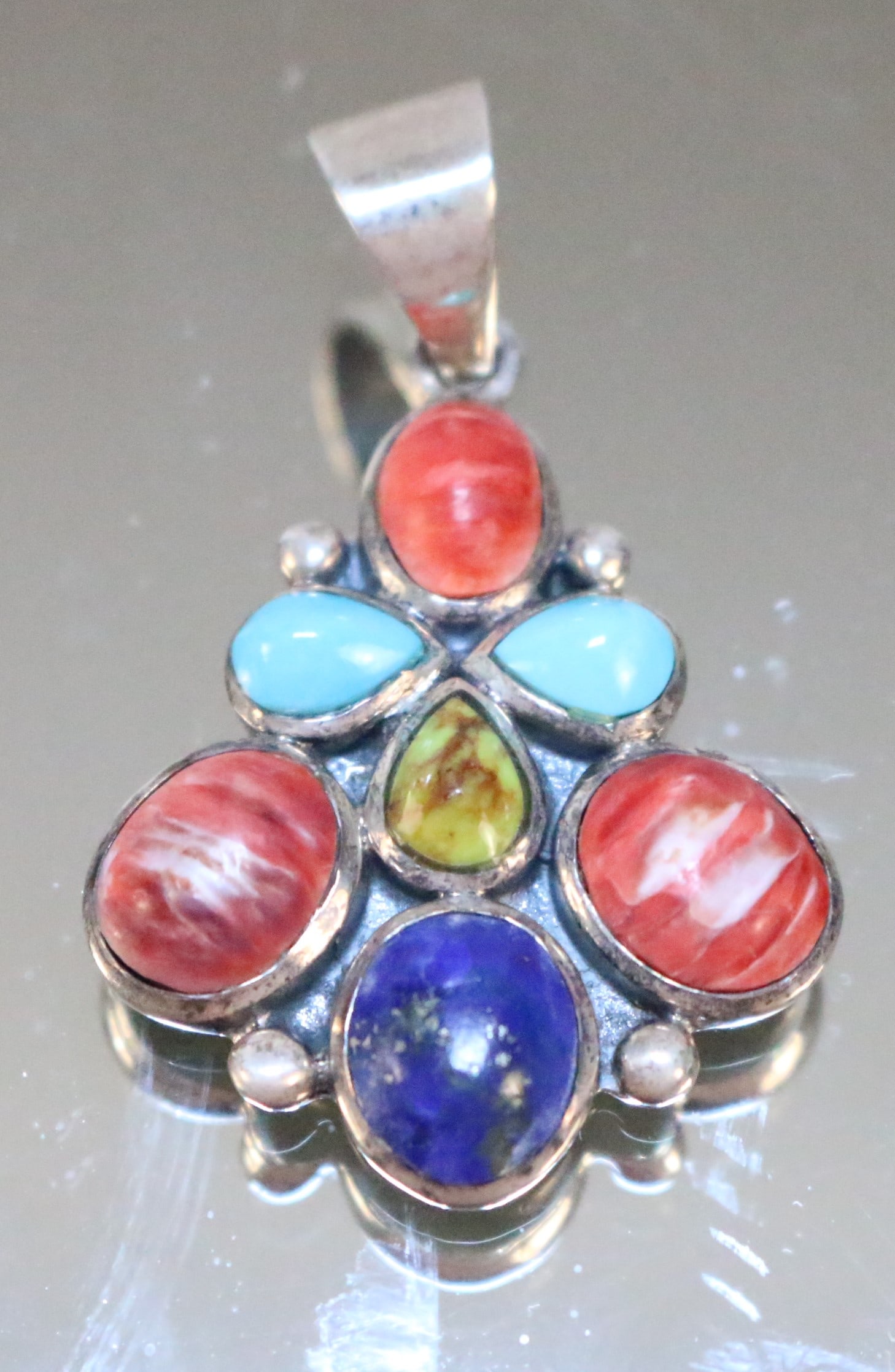 Native American Sterling silver turquoise, lapis, spiny oyster, agate  pendant (1 of 5)