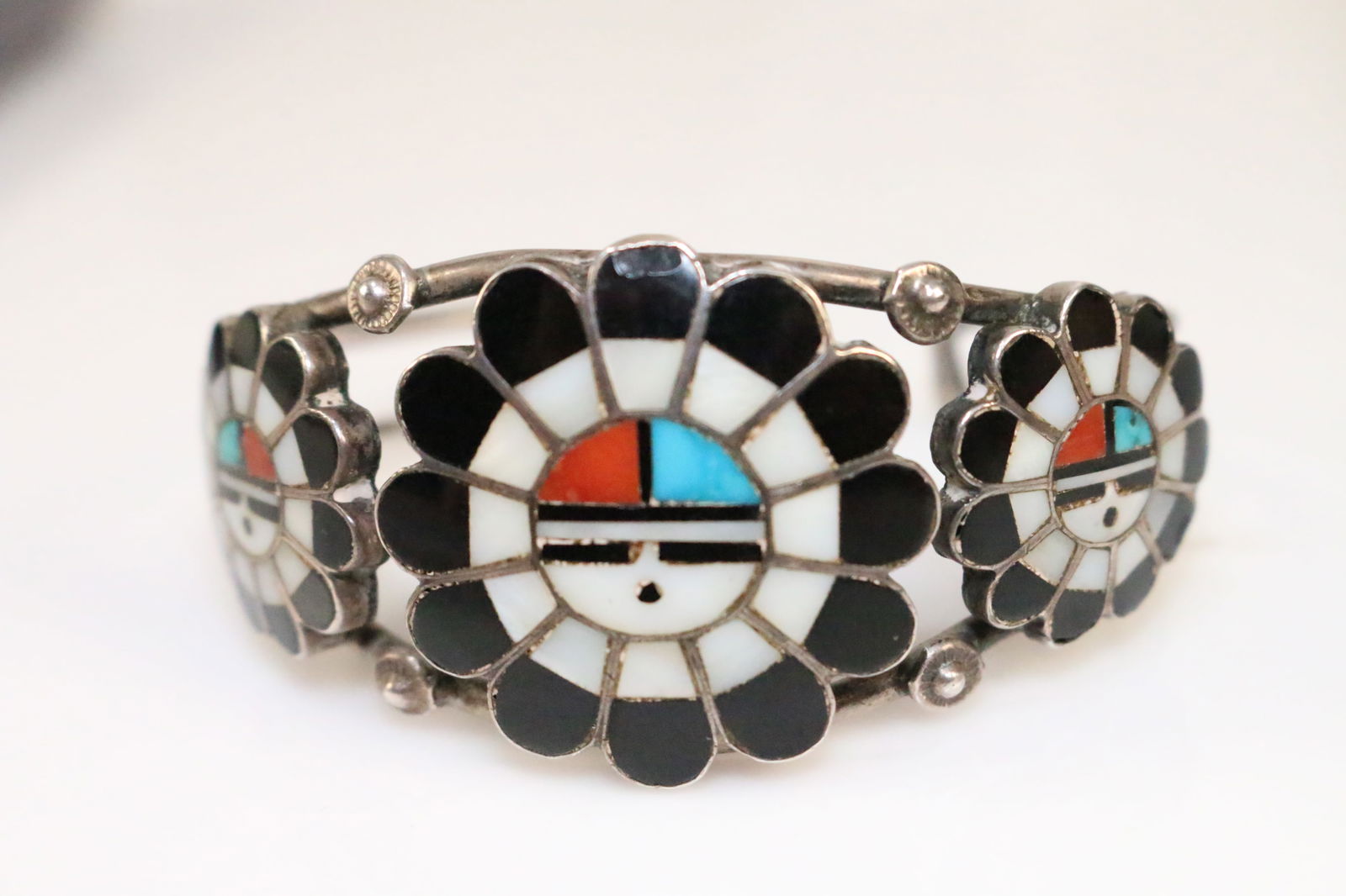 Sterling Silver Zuni Turquoise Coral MOP, Onyx Cuff Bracelet. (1 of 2)