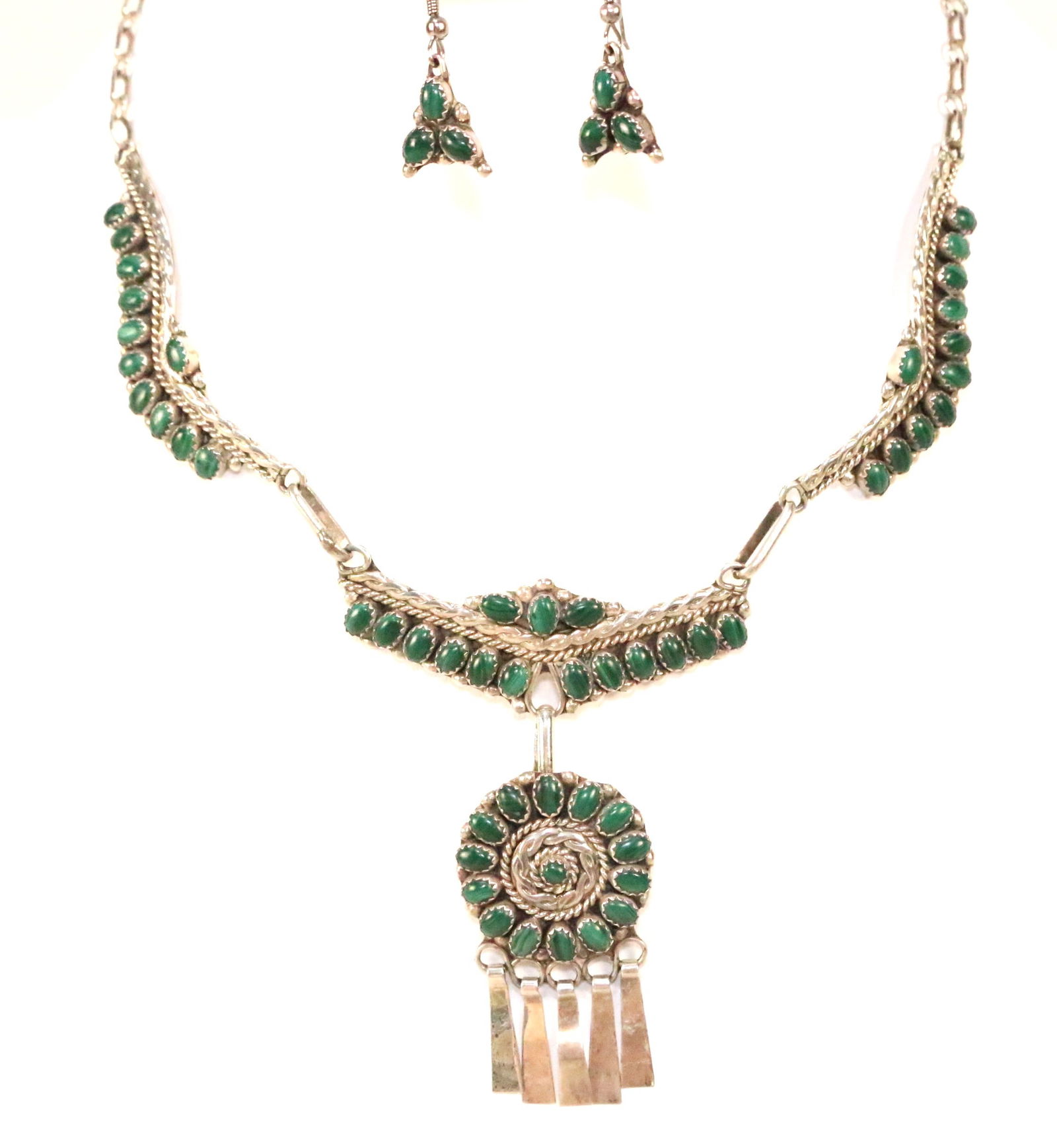 Native American Zuni Nancy Haloo Cluster Dangle Sterling Silver Malachite Necklace & Earring Set (1 of 9)