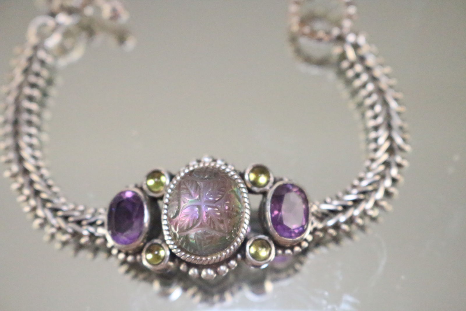 Stephen Dweck Amethyst, MOP Floral Carved Doublet Sterling Silver Bracelet (1 of 2)