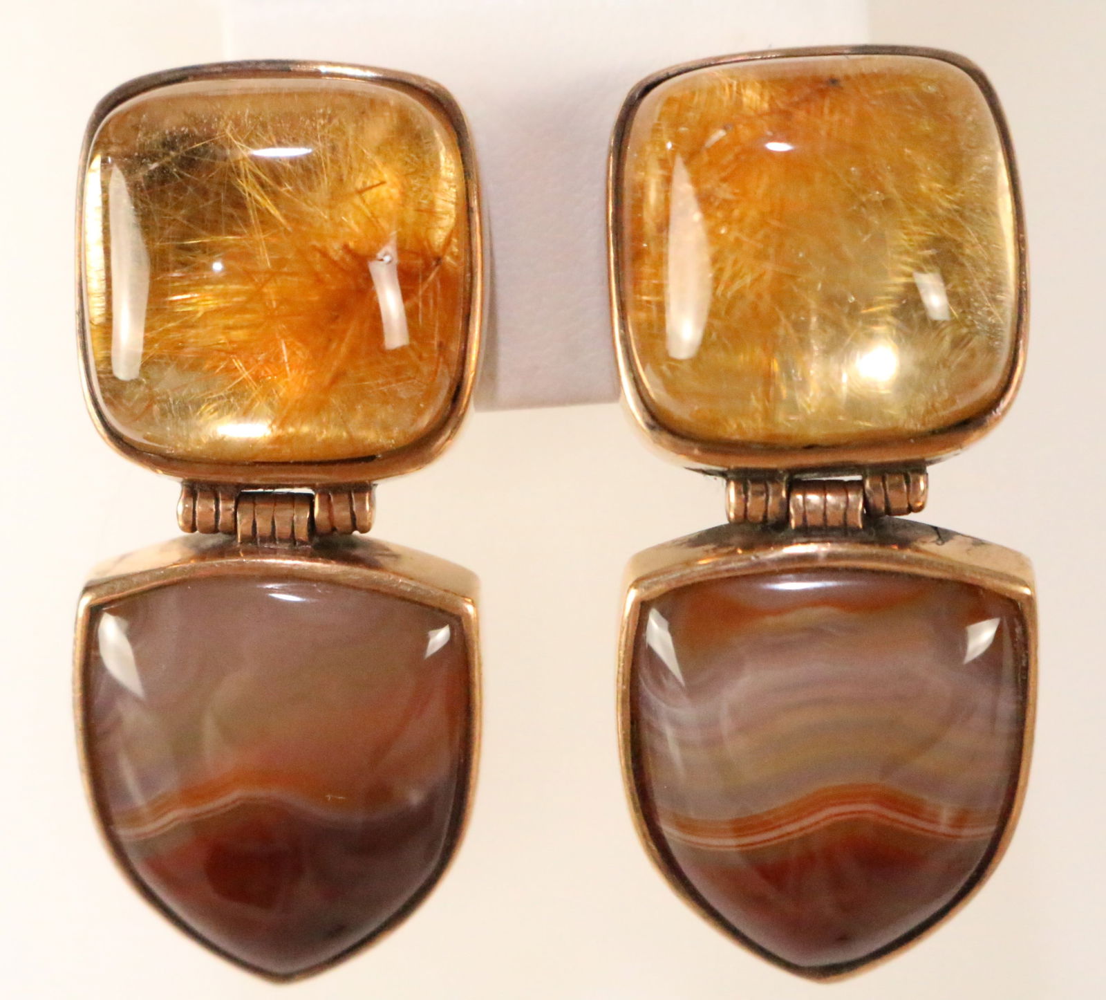 Stephen Dweck ONE OF A KIND LARGE Copper Agate Gold Quartz Earrings. (1 of 4)
