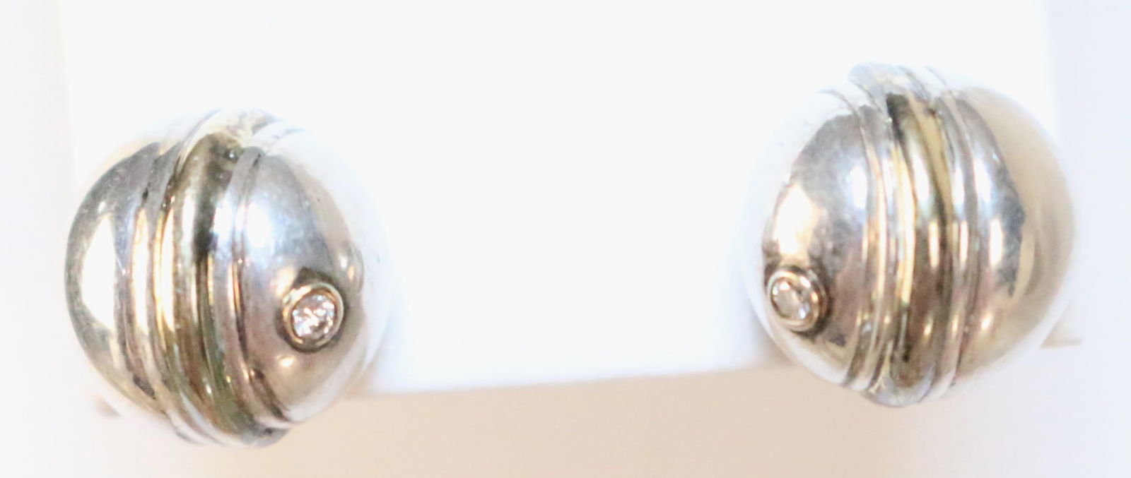 18kt gold Sterling silver round dome modernist diamond earrings (1 of 4)