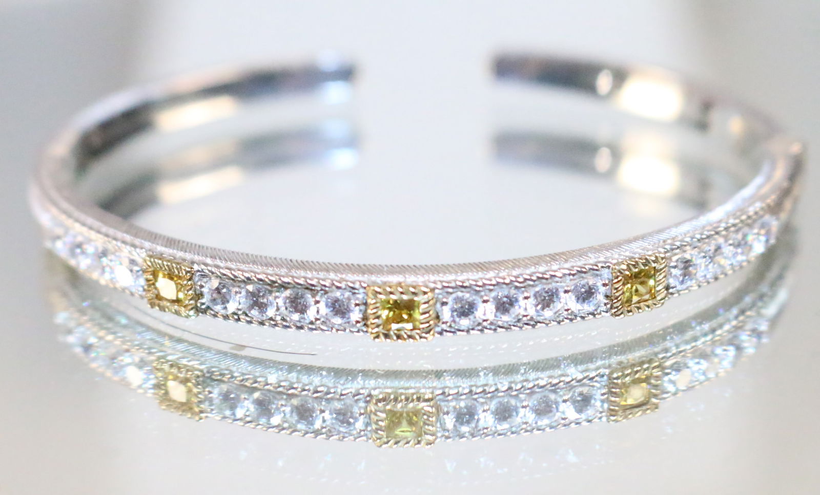 Judith Ripka Sterling Silver 2 tone CZ's Hinged Cuff Bracelet (1 of 4)