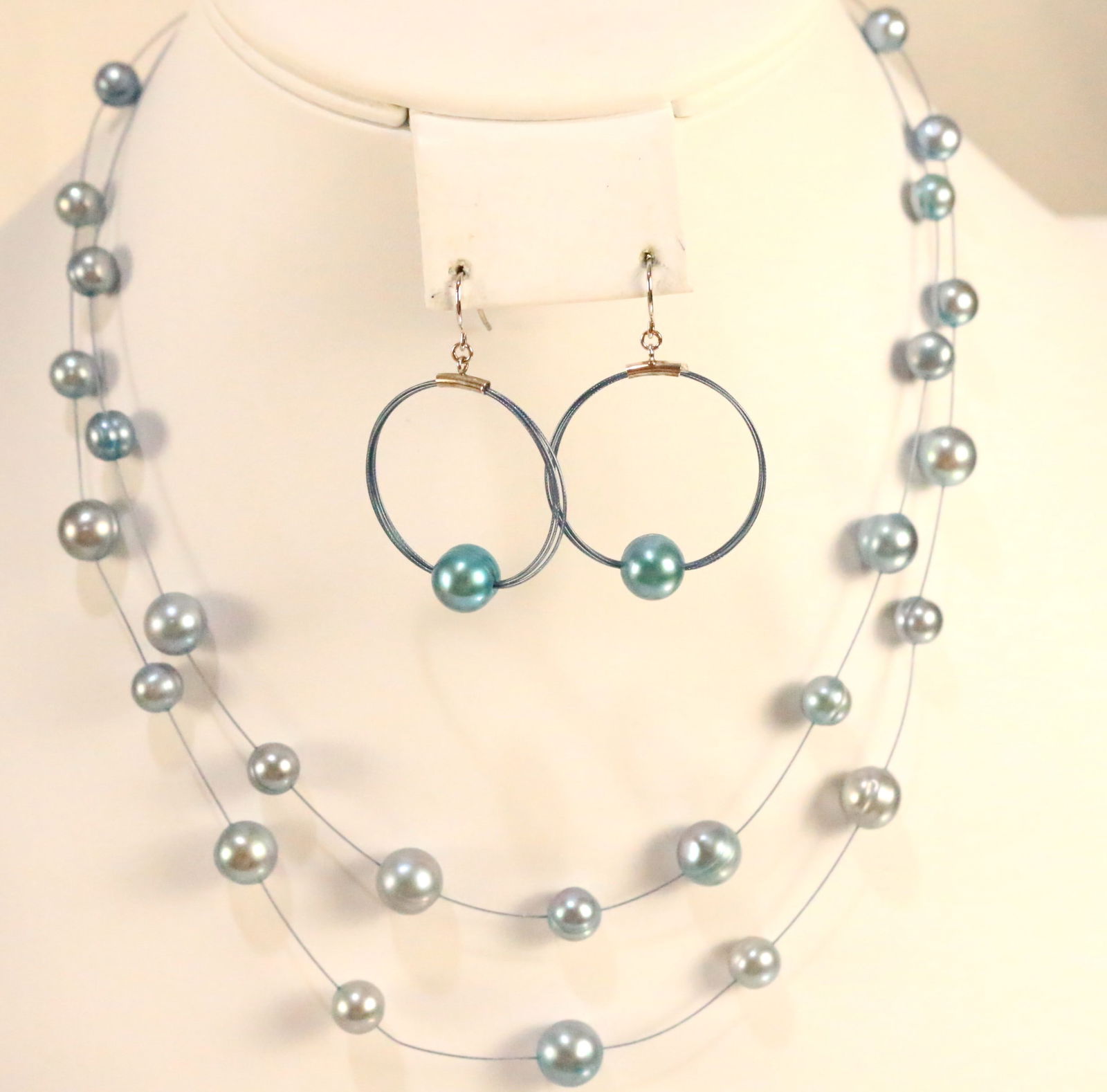 NEW Honora blue Freshwater Pearl Necklace & Earrings sterling silver Set (1 of 4)
