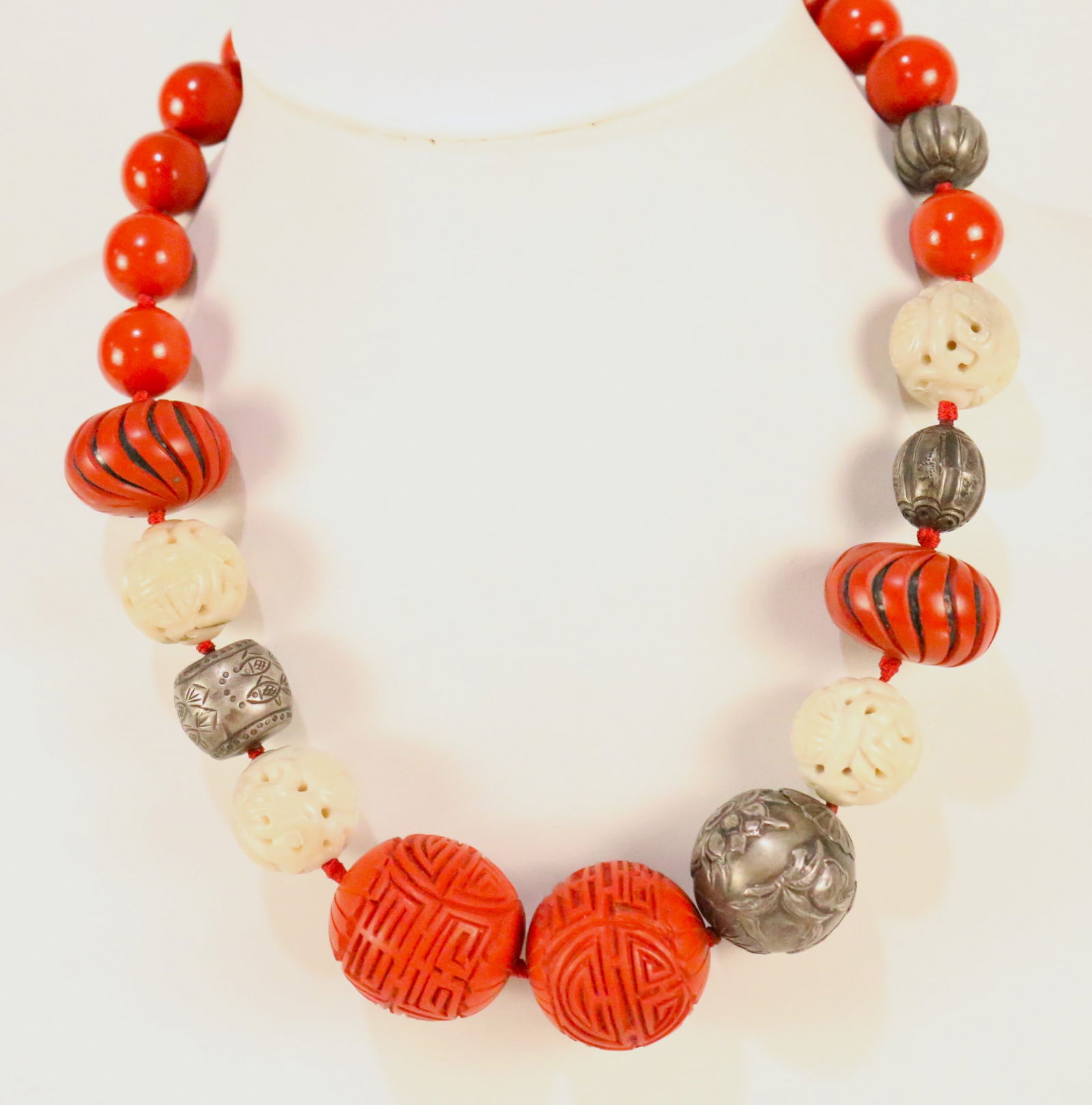 ANTIQUE Chinese Sterling Silver Cinnabar Soapstone carved Beaded Necklace (1 of 11)