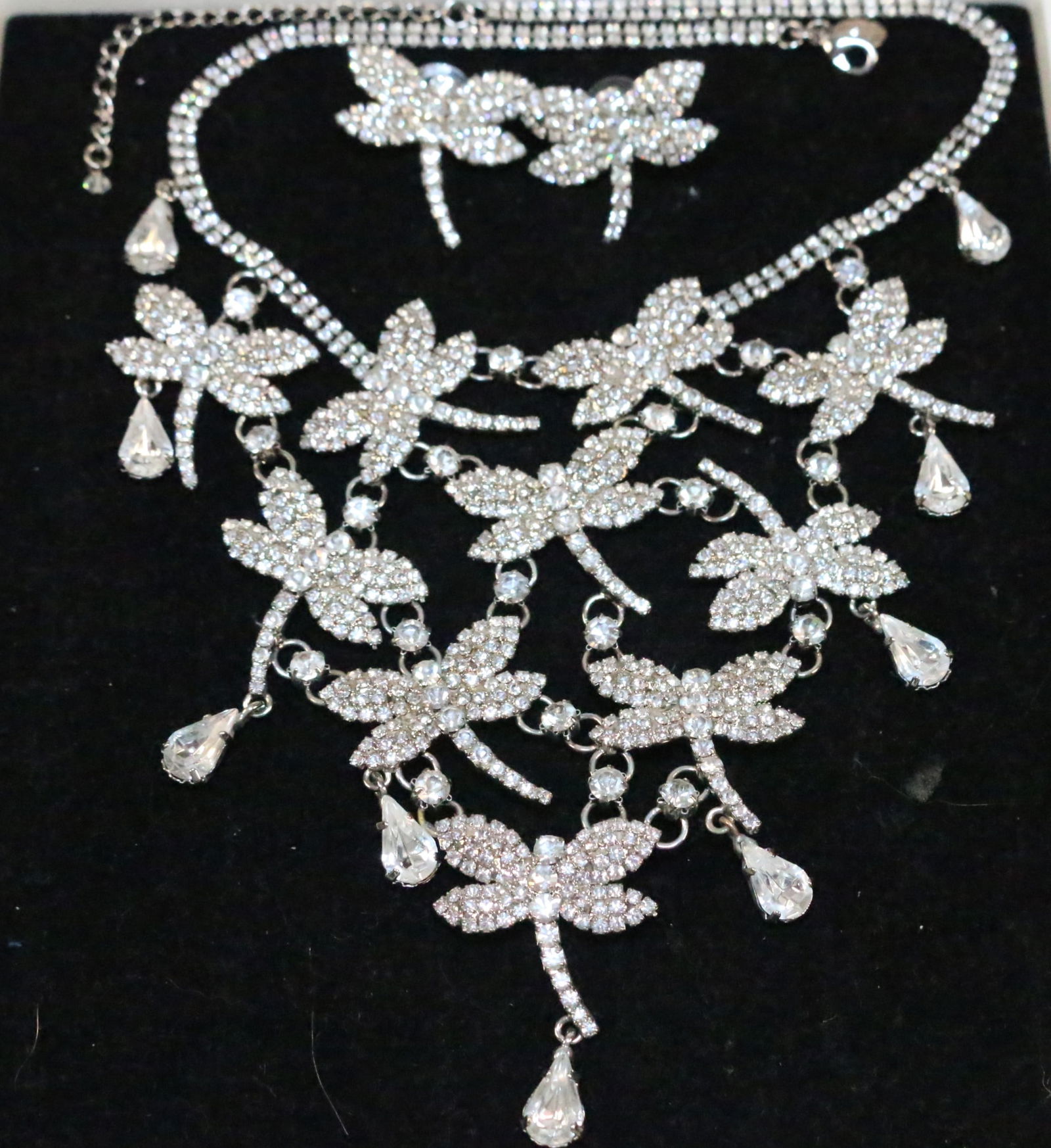 NEW RARE Kirks Folly Dragonfly Silver tone Crystal Bib Statement Necklace & Earring Set in box (1 of 4)