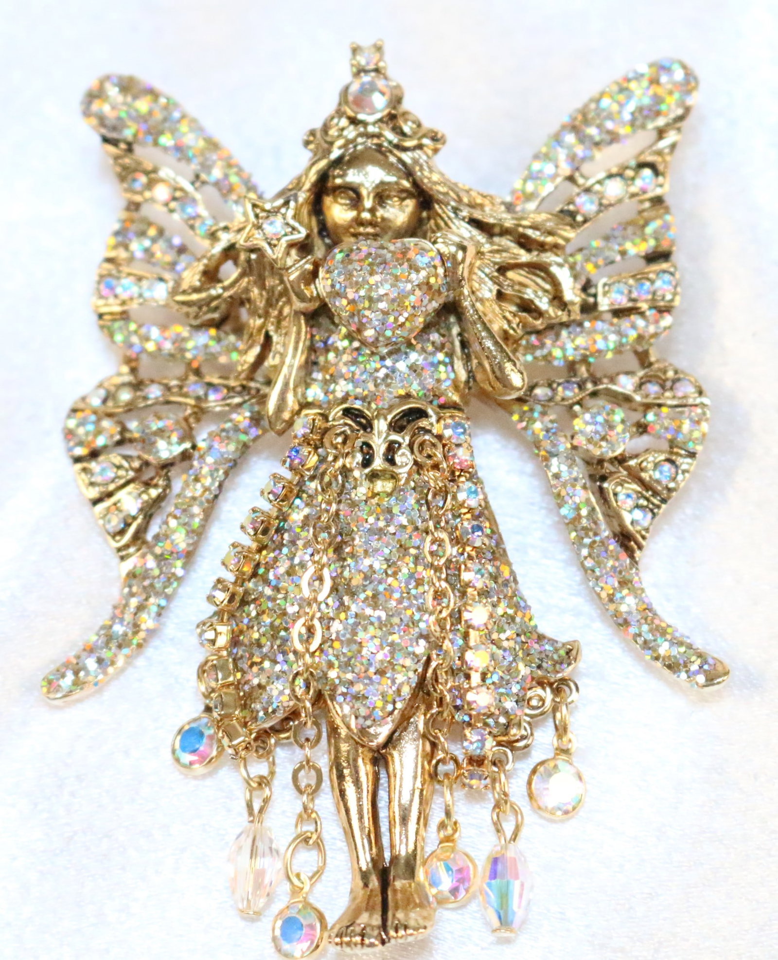 Kirks Folly Large Encrusted Crystals Crystal Fairy Godmother Brooch Pendant: DESCRIPTION: gold tone brooch and Pendant. Sighted "CRYSTAL FAIRY GODMOTHER" ON THE BACK. Signed Kirks Folly. DIMENSIONS: 2" w x 2.75" long.