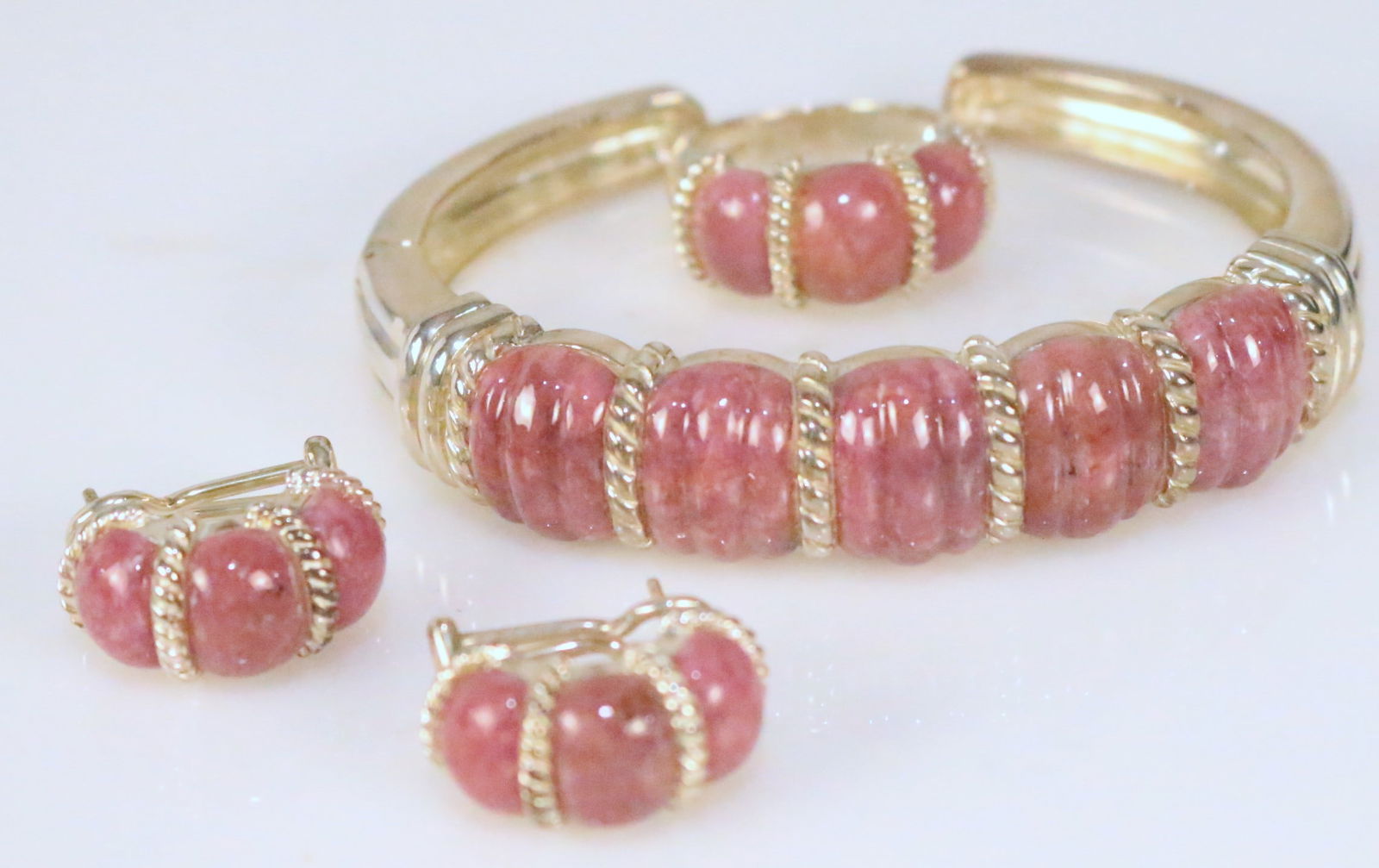 RARE Judith Ripka Sterling Silver Pink Rhodochrosite Bracelet, earrings ring set in the box (1 of 5)