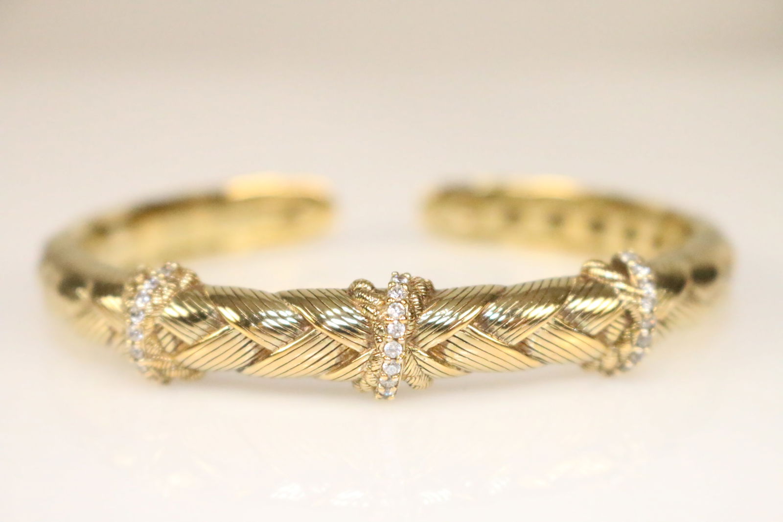 RARE Judith Ripka Gold Clad over Sterling Silver Braided CZ's Cuff Bracelet in the box (1 of 7)