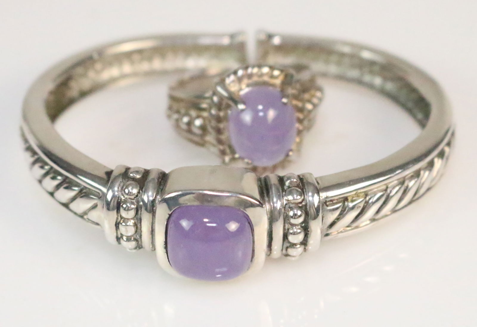 Vintage Judith Ripka Sterling Silver cuff Bracelet & Ring Matching Purple Jade Set in the pouch (1 of 5)