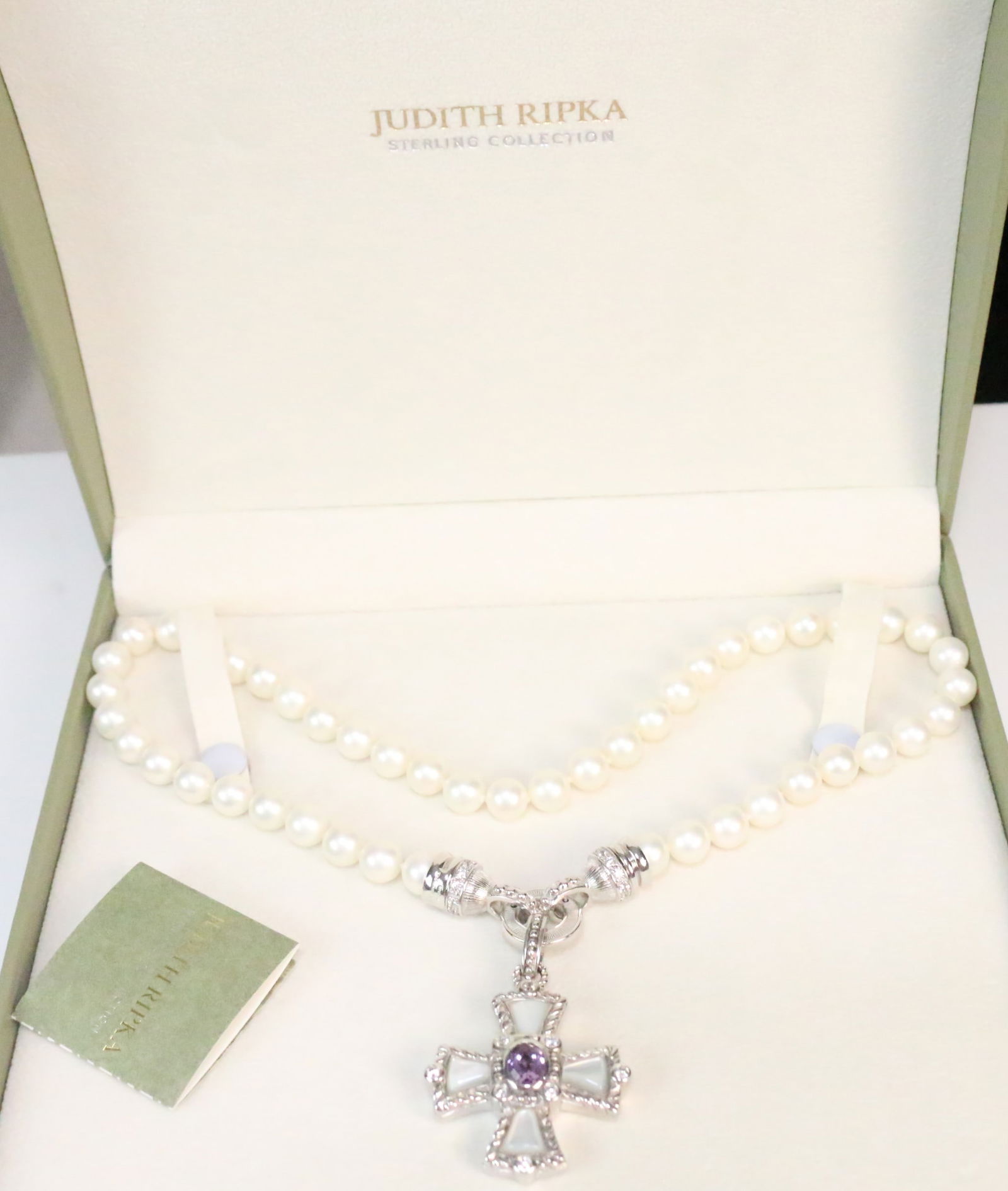NEW Judith Ripka Pearls, Sterling Silver Diamonique, MOP, Amethyst  Cross Pendant Necklace in box (1 of 8)