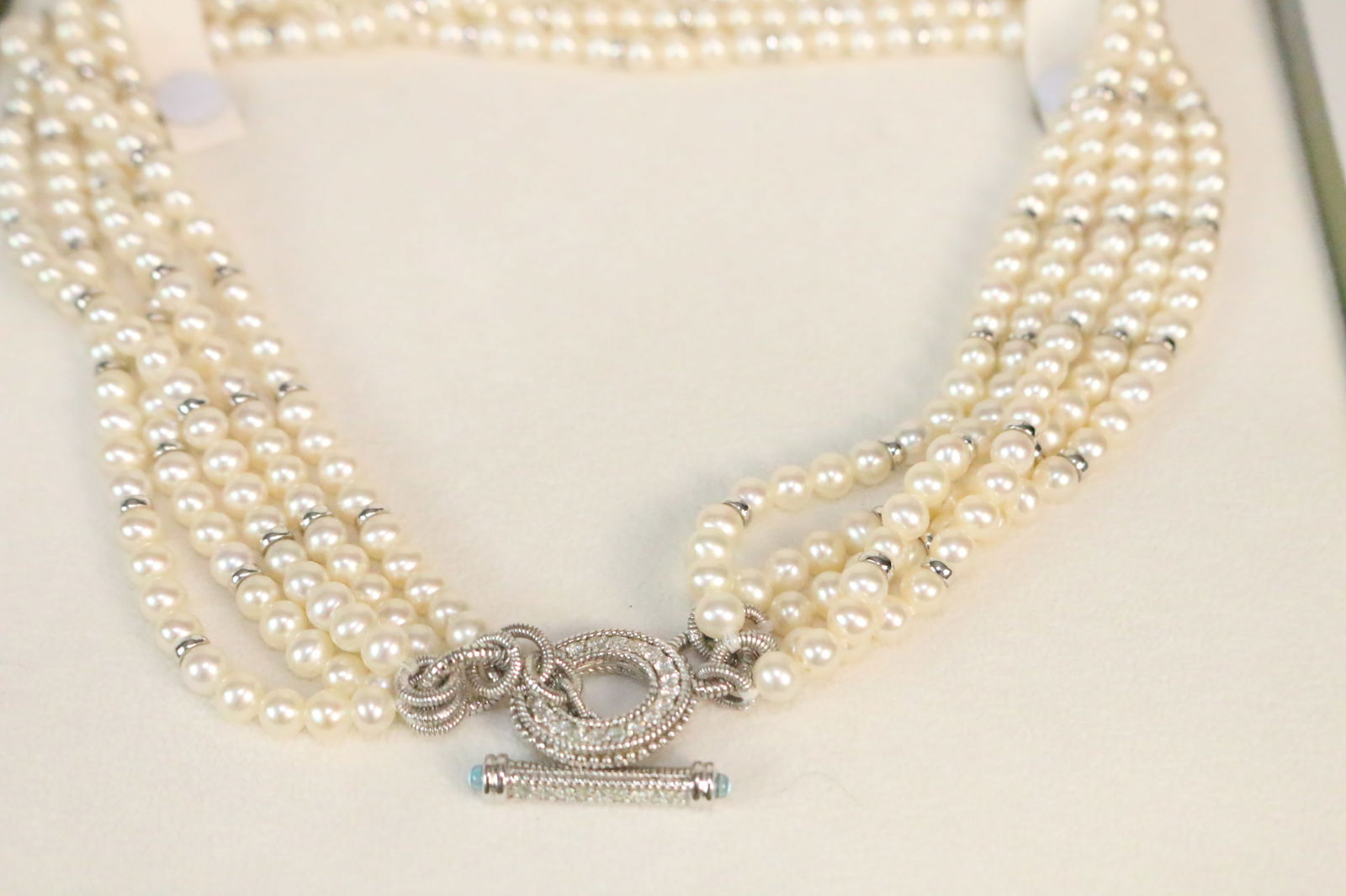 RARE VINTAGE Judith Ripka 5 Strand Pearls Sterling Silver Topaz Diamonique Toggle Necklace in Box (1 of 9)