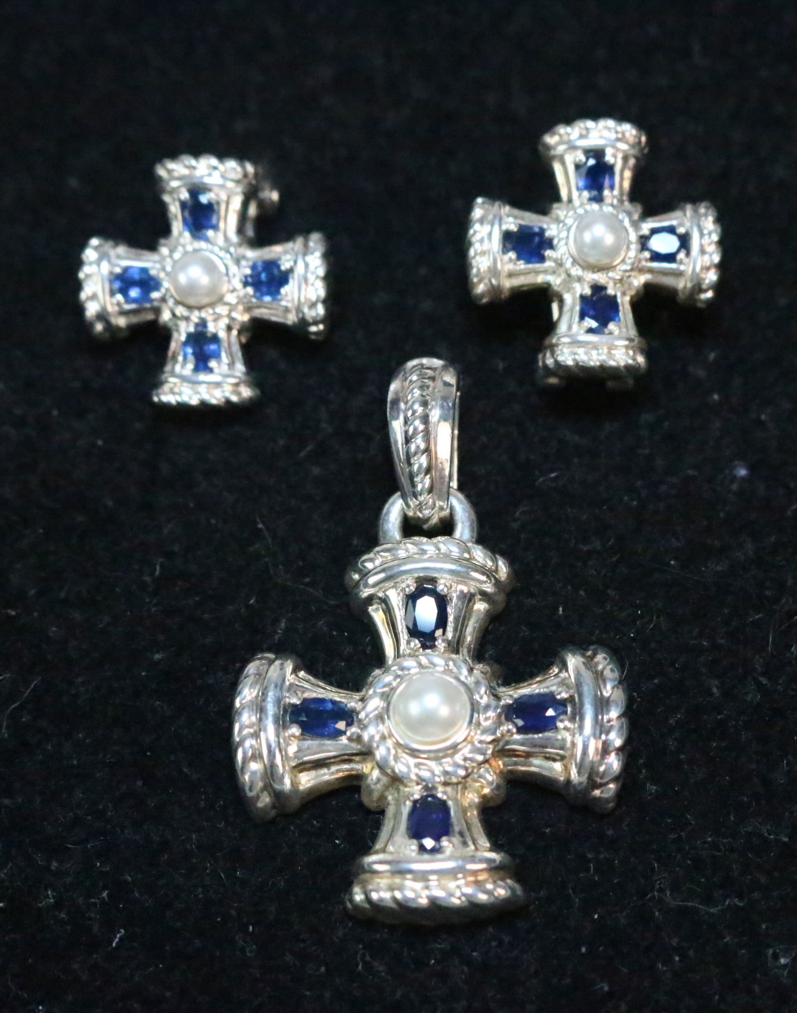 RARE Judith Ripka Sterling Silver Sapphire & Pearl Pendant - Enhancer & Earring Set in pouch. (1 of 6)