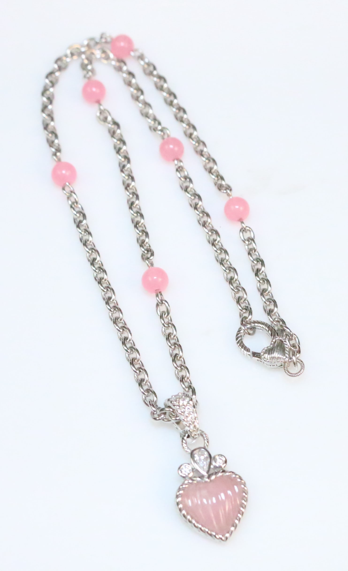 LIKE NEW Judith Ripka Sterling Silver Pink Jade Station Necklace & Heart Pendant - Enhancer (1 of 5)